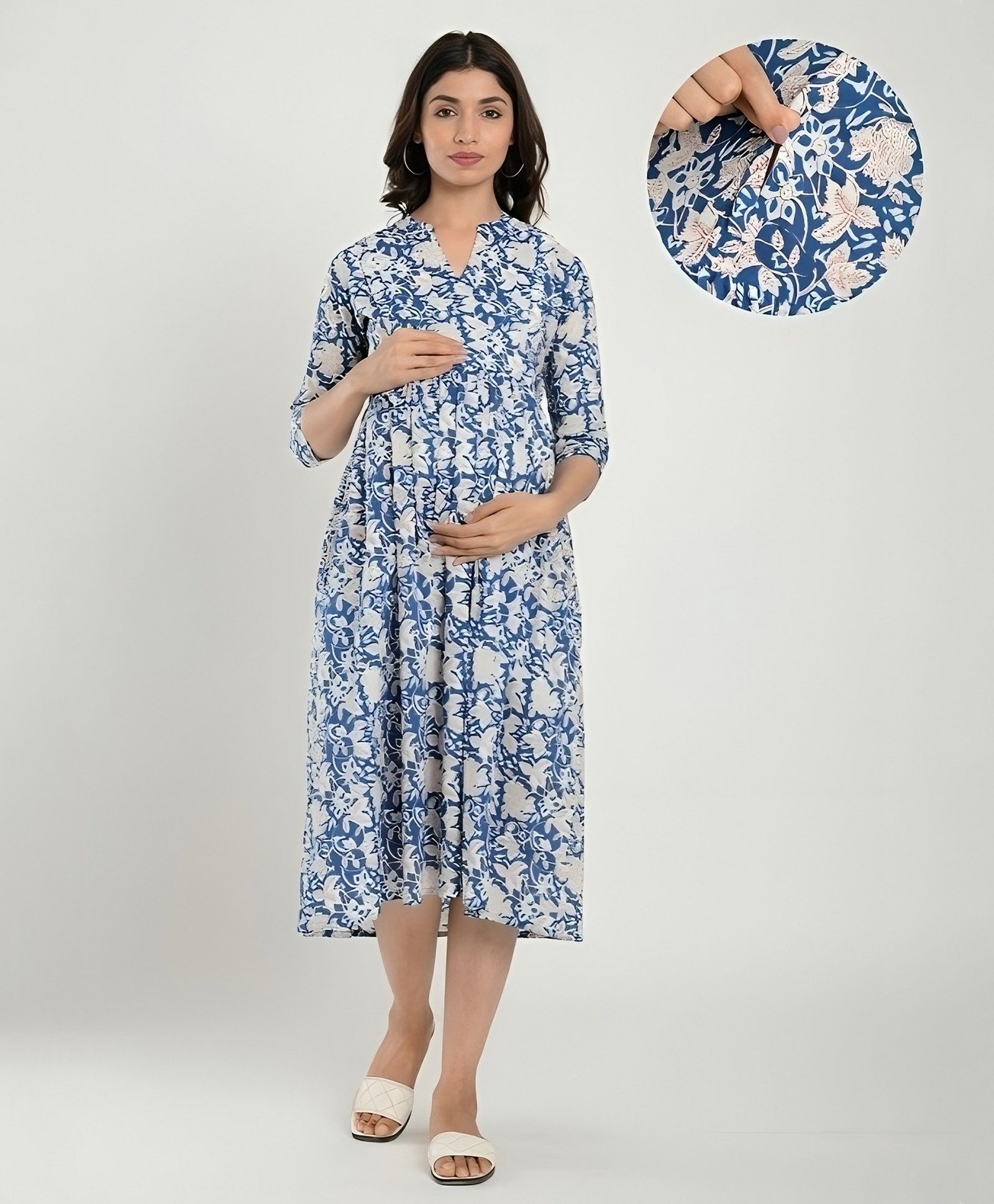 CRAFIQA Three Fourth Sleeves Floral Printed Maternity Dress With Concealed Zipper Nursing Access - Blue & White-image-6