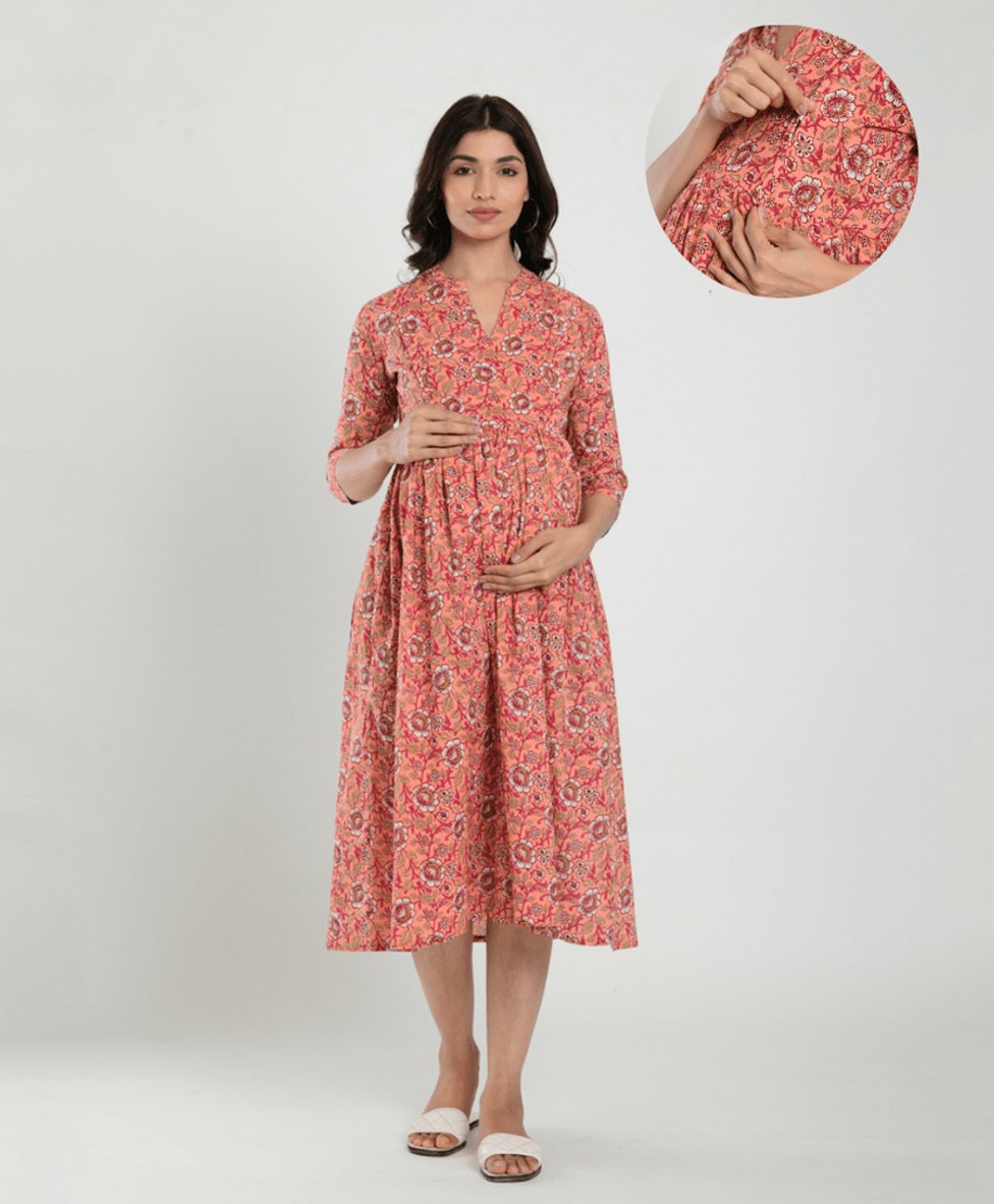CRAFIQA Three Fourth Sleeves Floral Printed Maternity Dress With Concealed Zipper Nursing Access - Peach-image-16