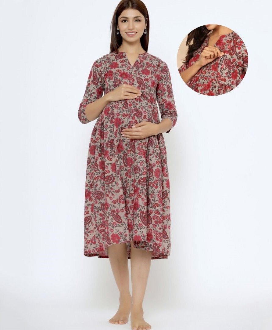 CRAFIQA Three Fourth Sleeves Floral Printed Maternity Dress With Concealed Zipper Nursing Access - Grey & Pink-image-16