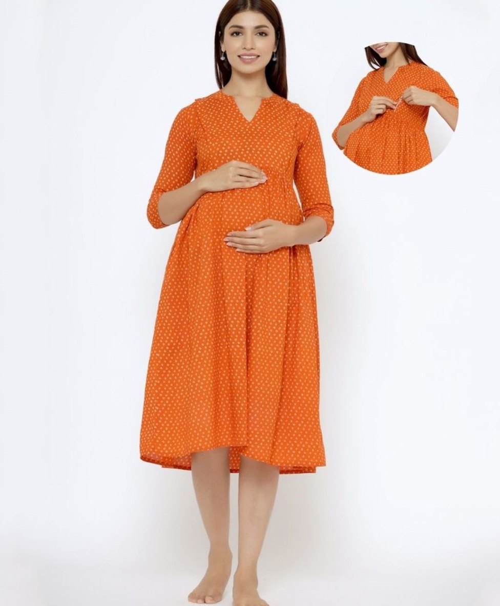 CRAFIQA Three Fourth Sleeves Abstract  Printed Maternity Dress With Concealed Zipper Nursing Access - Orange-image-27