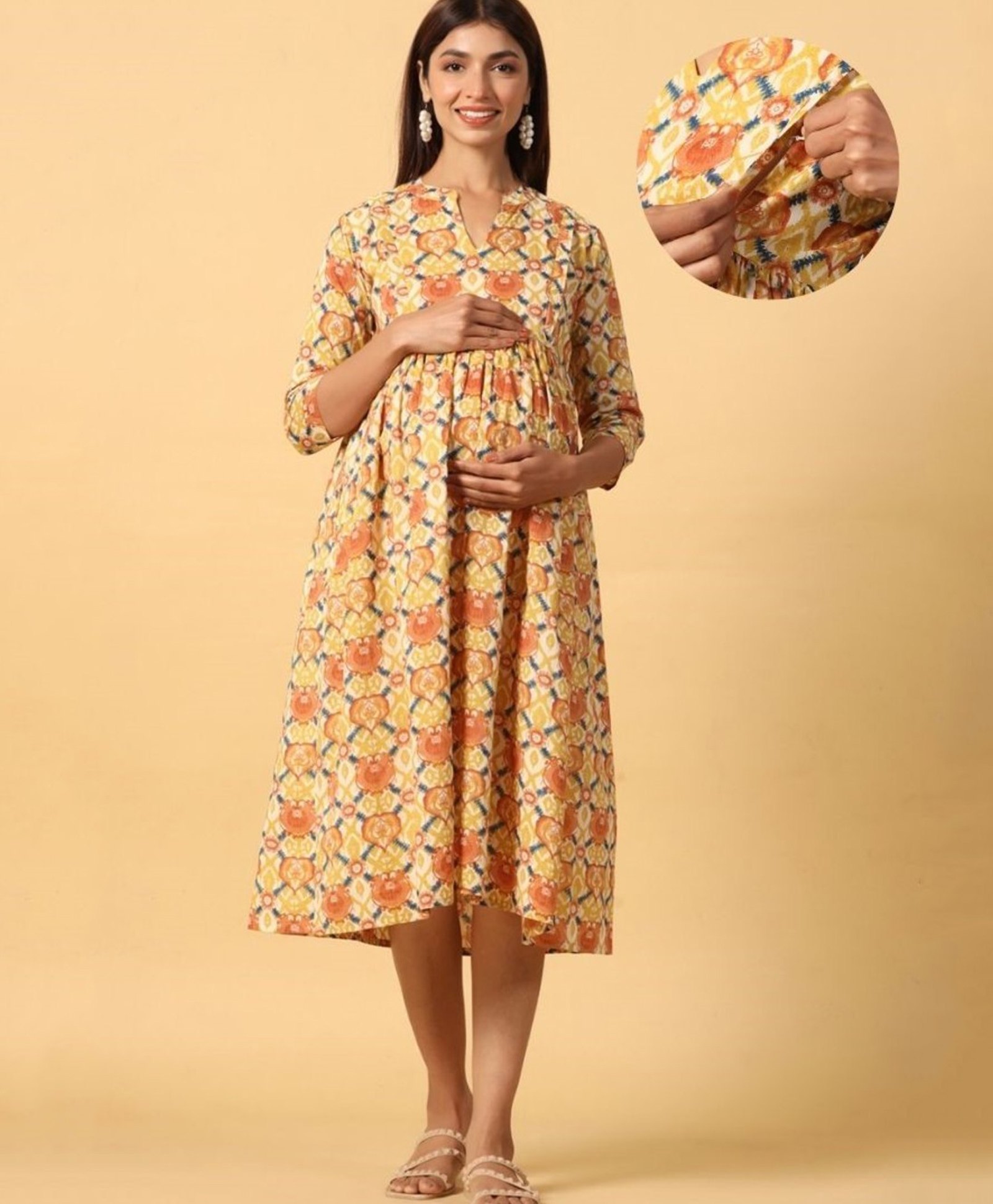 CRAFIQA Three Fourth Sleeves Floral Printed Maternity Dress With Concealed Zipper Nursing Access - White & Yellow-image-15