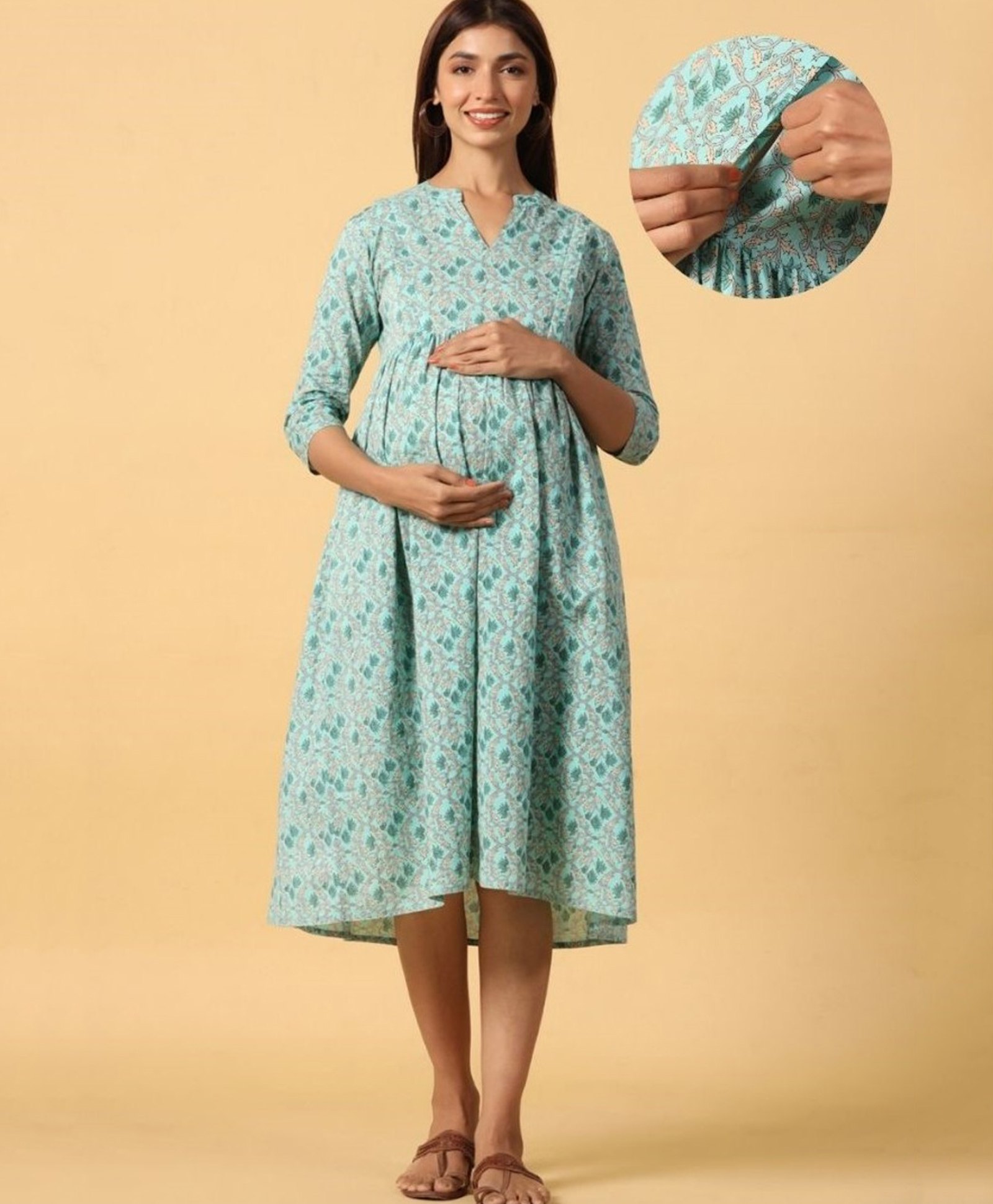 CRAFIQA Three Fourth Sleeves Floral Swirl Printed Maternity Dress With Concealed Zipper Nursing Access - Sea Blue-image-31