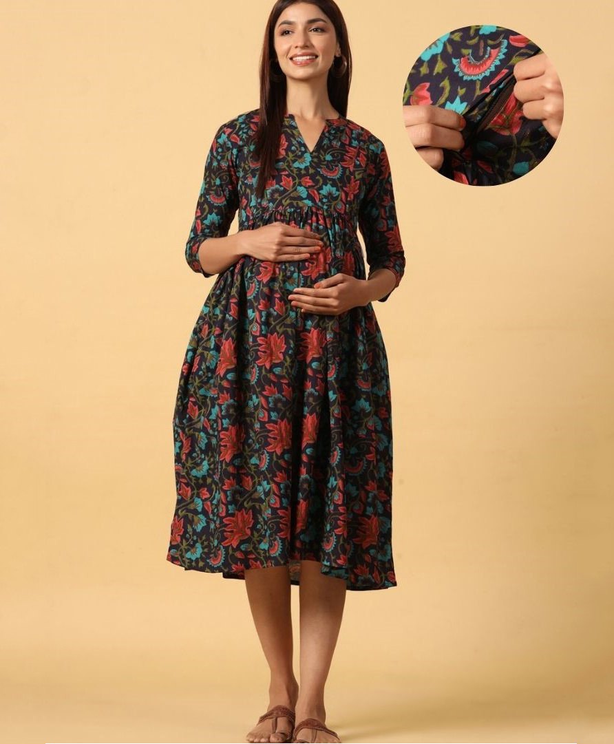 CRAFIQA Three Fourth Sleeves Floral Swirl  Printed Maternity Dress With Concealed Zipper Nursing Access - Blue Black & Red-image-6