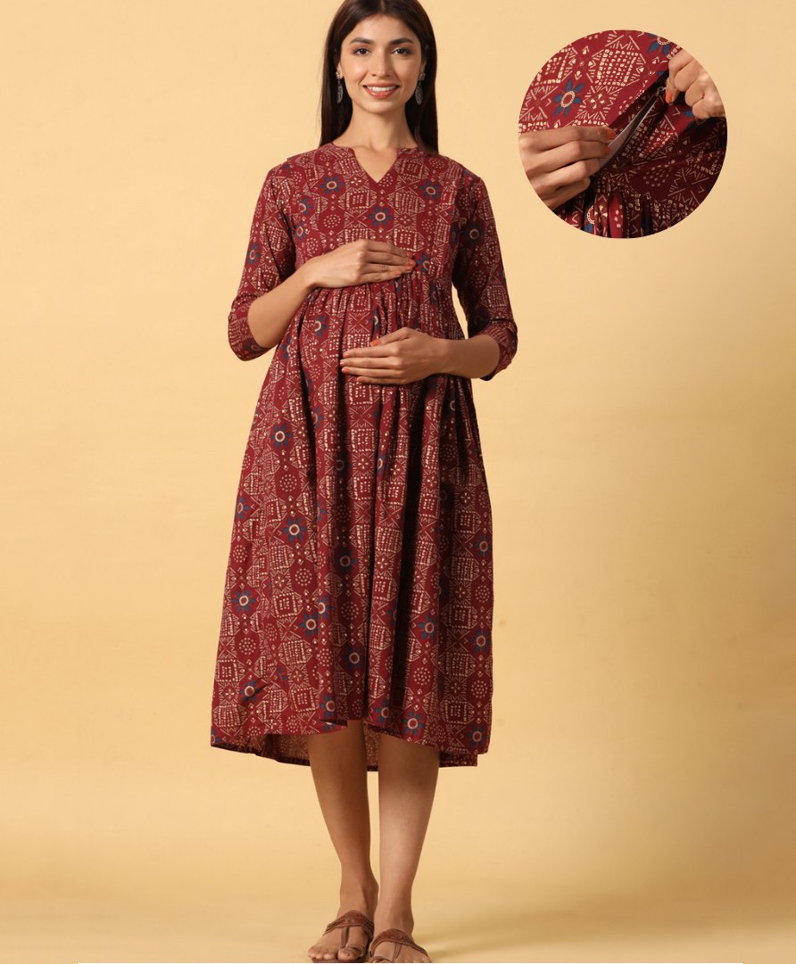 CRAFIQA Three Fourth Sleeves Floral Motif Printed Maternity Dress With Concealed Zipper Nursing Access - Maroon-image-34