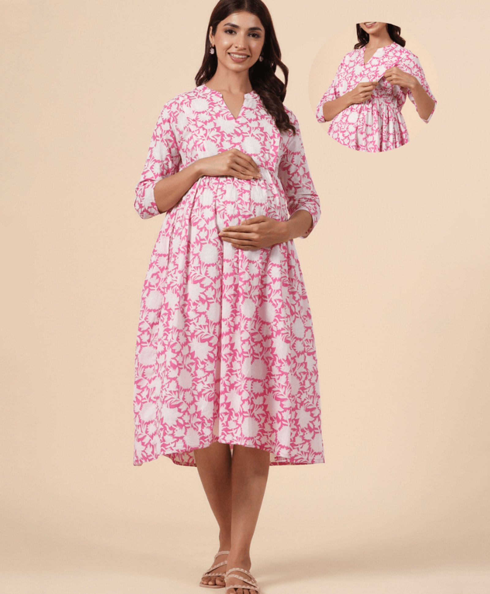 CRAFIQA Three Fourth Sleeves Floral Printed Maternity Dress With Concealed Zipper Nursing Access - Pink & White-image-25