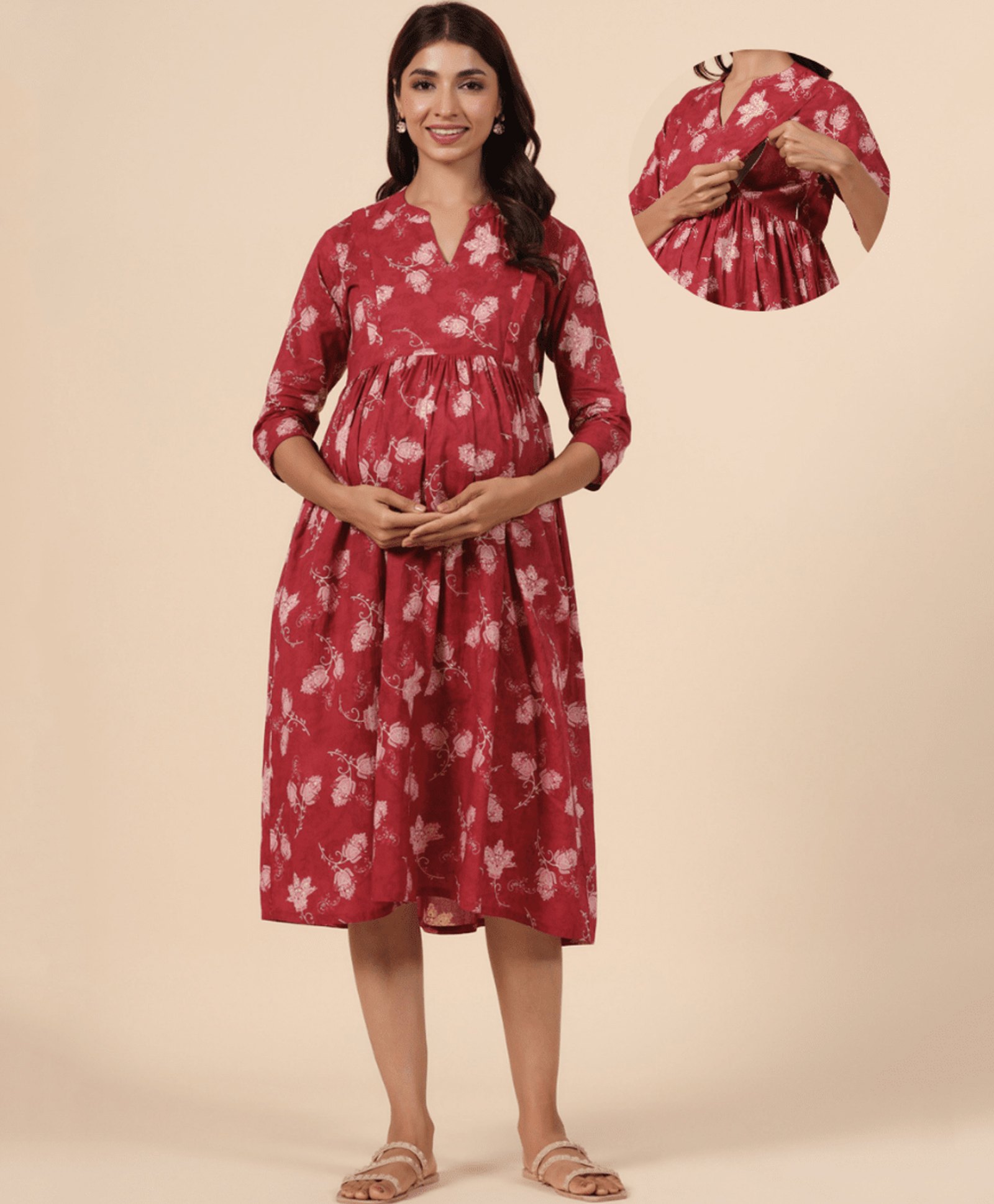 CRAFIQA Three Fourth Sleeves Floral Printed Maternity Dress With Concealed Zipper Nursing Access - Red & White-image-48