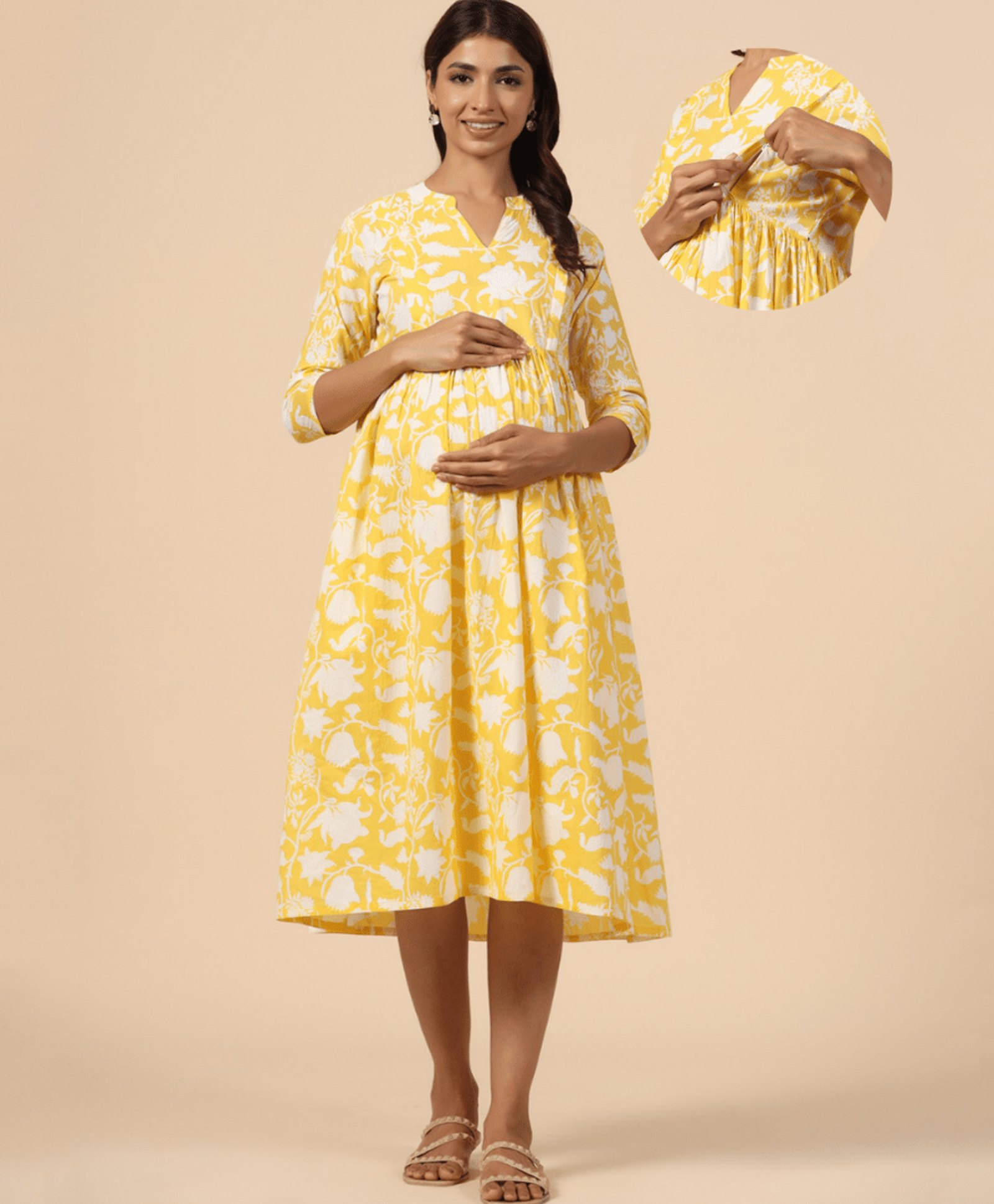 CRAFIQA Three Fourth Sleeves Floral Printed Maternity Dress With Concealed Zipper Nursing Access - Yellow & White-image-39