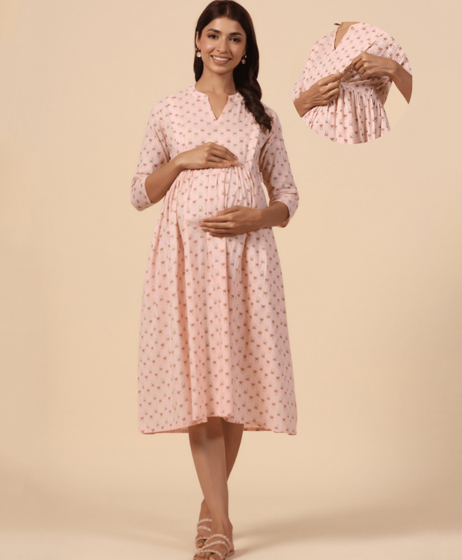 CRAFIQA Three Fourth Sleeves Abstract Printed Maternity Dress With Concealed Zipper Nursing Access - Baby Pink-image-22