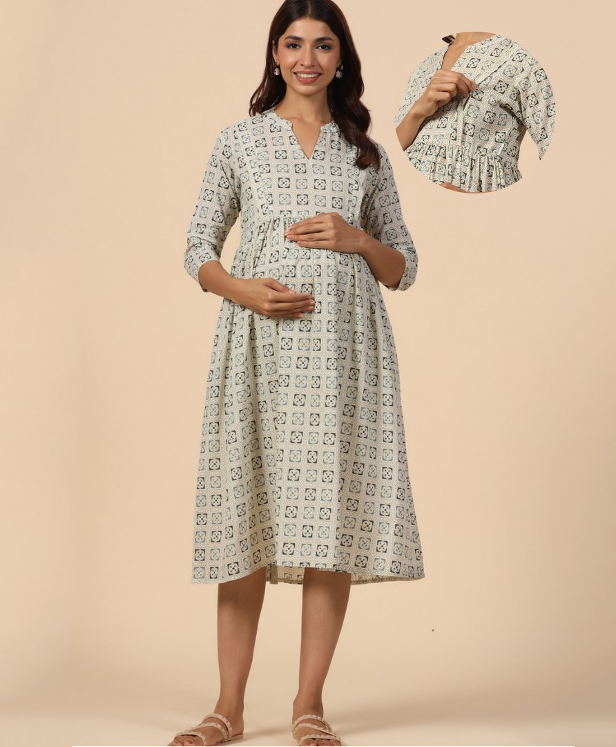 CRAFIQA Three Fourth Sleeves Abstract Printed Maternity Dress With Concealed Zipper Nursing Access - Blue & Grey-image-26