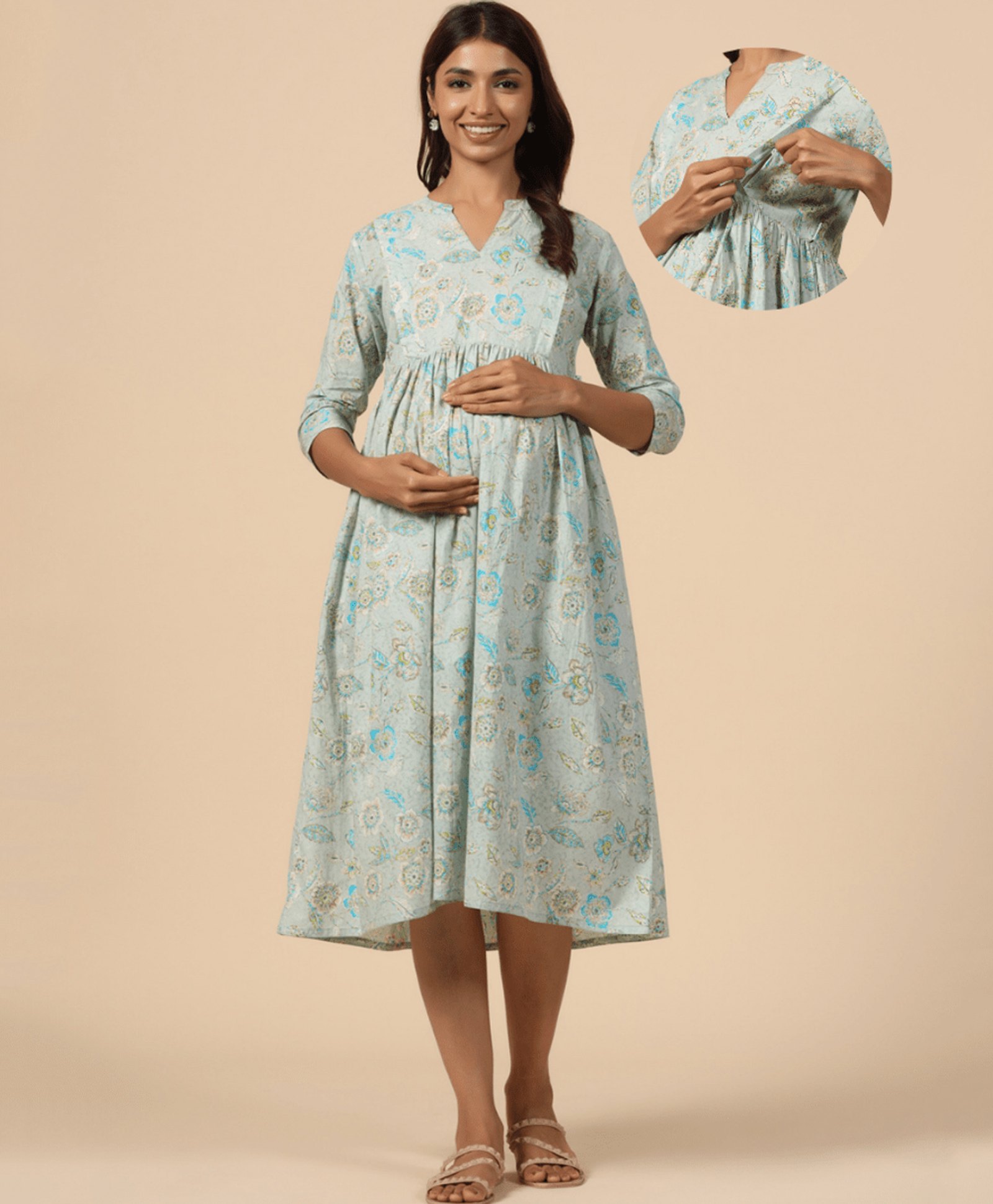 CRAFIQA Three Fourth Sleeves FloralPrinted Maternity Dress With Concealed Zipper Nursing Access - Sea Blue-image-39