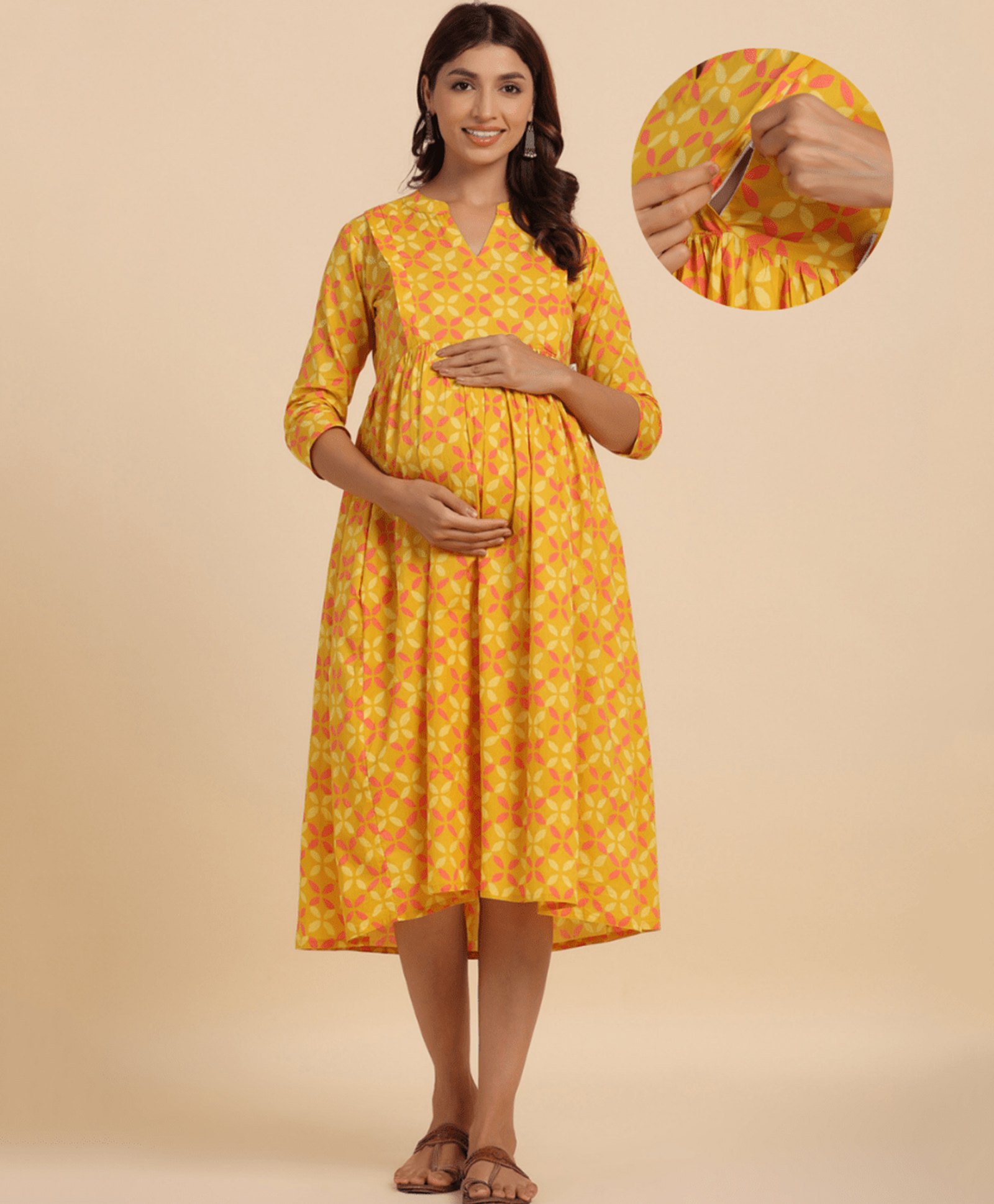 CRAFIQA Three Fourth Sleeves Floral Printed Maternity Dress With Concealed Zipper Nursing Access - dark Mustard-image-6