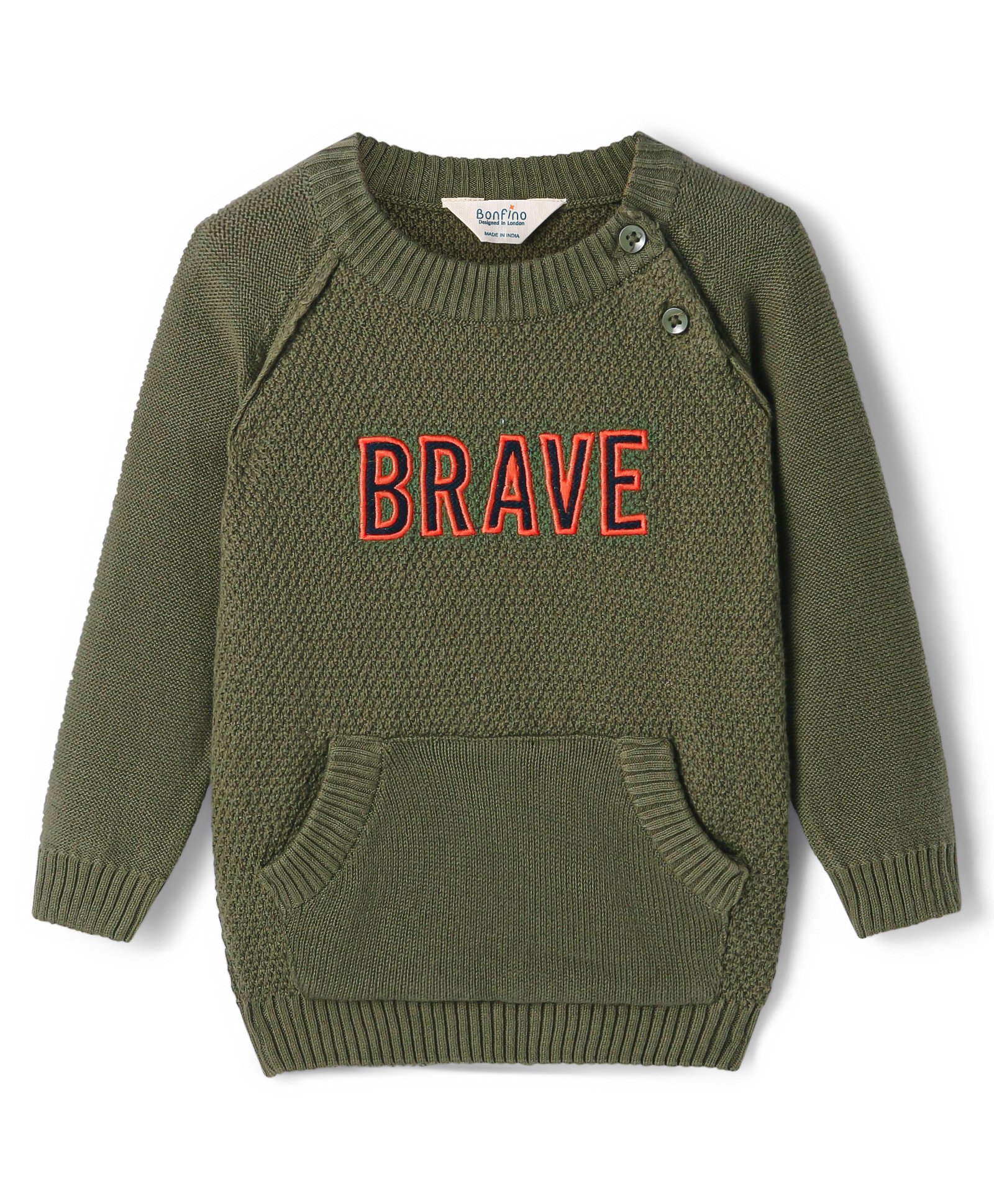 Bonfino Cotton Knitted Full Sleeves Pullover Sweater With Text Embroidery & Kangaroo Pockets - Olive Green-image-5