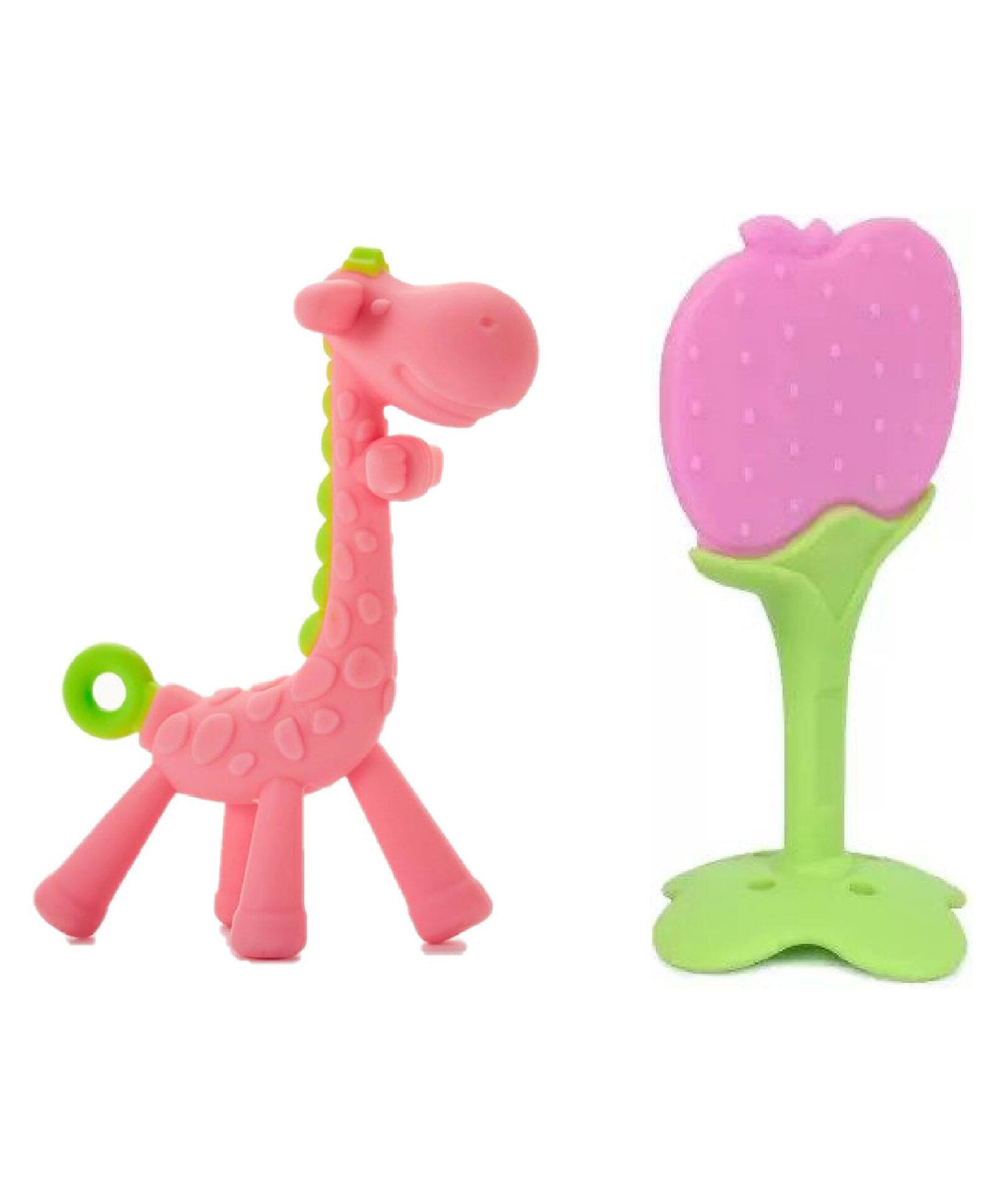 Joy Buzz Baby Giraffe Shape Silicone Teether Toy & Fruit Shape Teether Combo Pack Of 2 - Multicolour-image-27