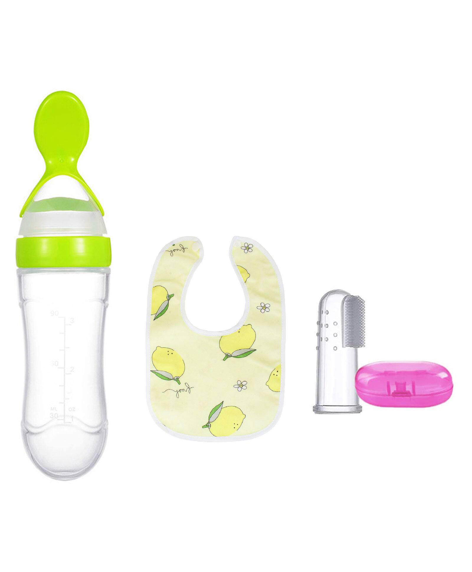 Joy Buzz Baby Non Toxic Food Grade Silicone Food Feeder Printed Bib And Finger Toothbrush With Case Combo- Multicolour-picture-13