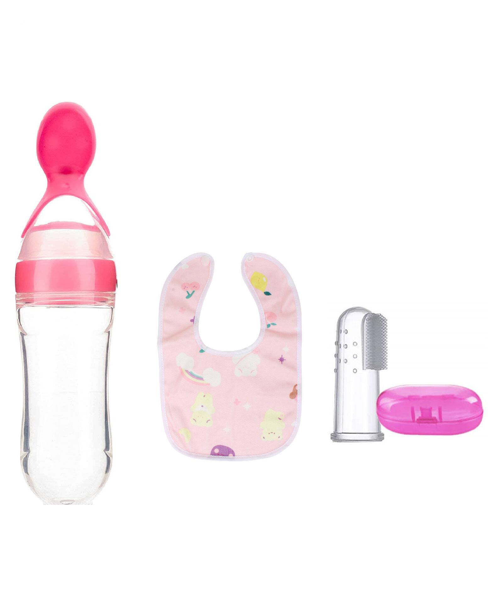 Joy Buzz Baby Non Toxic Food Grade Silicone Food Feeder Printed Bib And Finger Toothbrush With Case Combo- Pink-picture-15