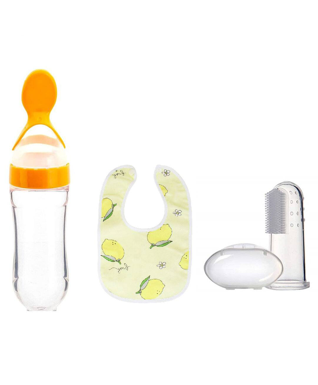Joy Buzz Baby Non Toxic Food Grade Silicone Food Feeder Printed Bib And Finger Toothbrush With Case Combo- Multicolour-picture-18