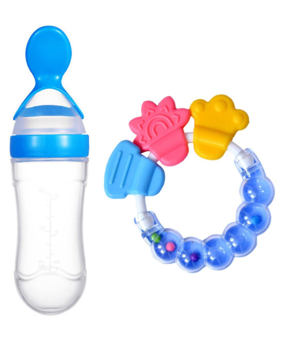 Joy Buzz Baby Silicone 90 ml Spoon Feeder & Rattle Teether Pack Of 2 - Blue-picture-22