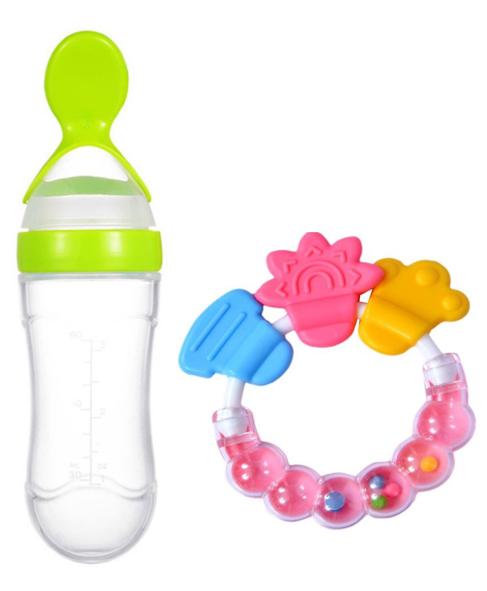 Joy Buzz Baby Silicone 90 ml Spoon Feeder & Rattle Teether Pack Of 2 - Green & Pink-picture-23