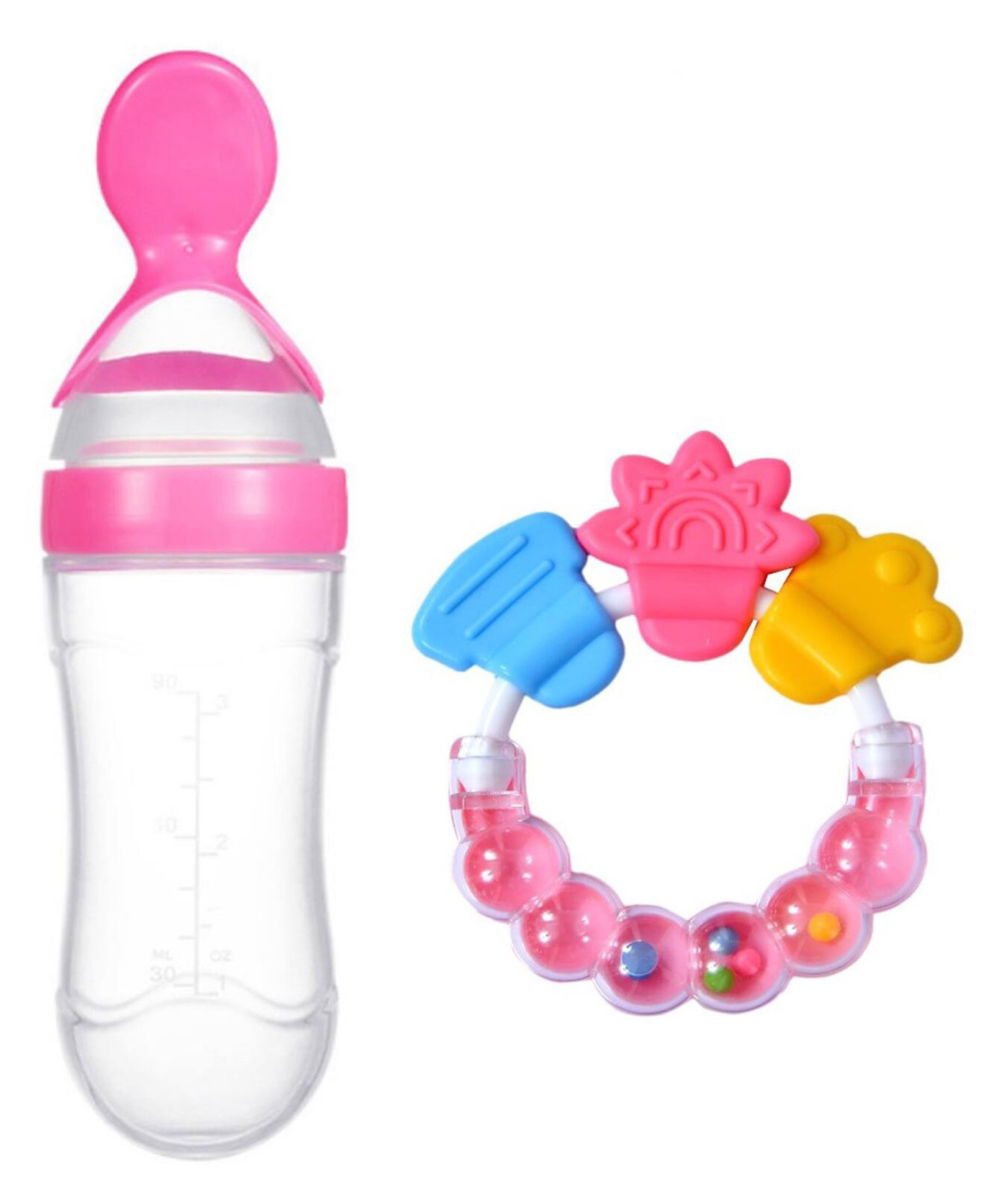Joy Buzz Baby Silicone 90 ml Spoon Feeder & Rattle Teether Pack Of 2 - Pink-picture-26
