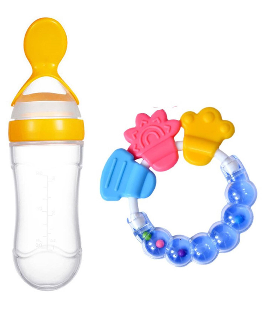 Joy Buzz Baby Silicone 90 ml Spoon Feeder & Rattle Teether Pack Of 2 - Yellow & Blue-picture-20