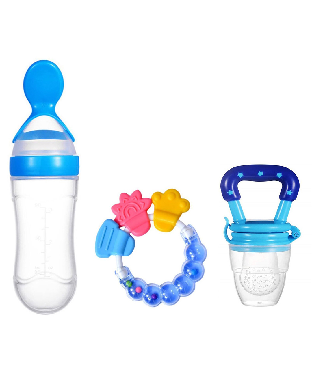 Joy Buzz Baby Silicone 90 ml Spoon Feeder Rattle Teether & Fruit Nibbler Combo Pack Of 3 - Blue-image-23