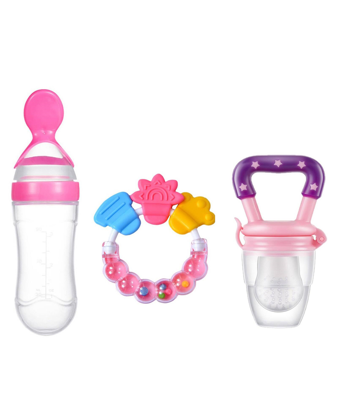 Joy Buzz Baby Silicone 90 ml Spoon Feeder Rattle Teether & Fruit Nibbler Combo Pack Of 3 - Pink-picture-24