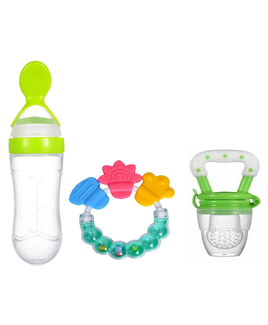 Joy Buzz Baby Silicone 90 ml Spoon Feeder Rattle Teether & Fruit Nibbler Combo Pack Of 3 - Green-picture-29