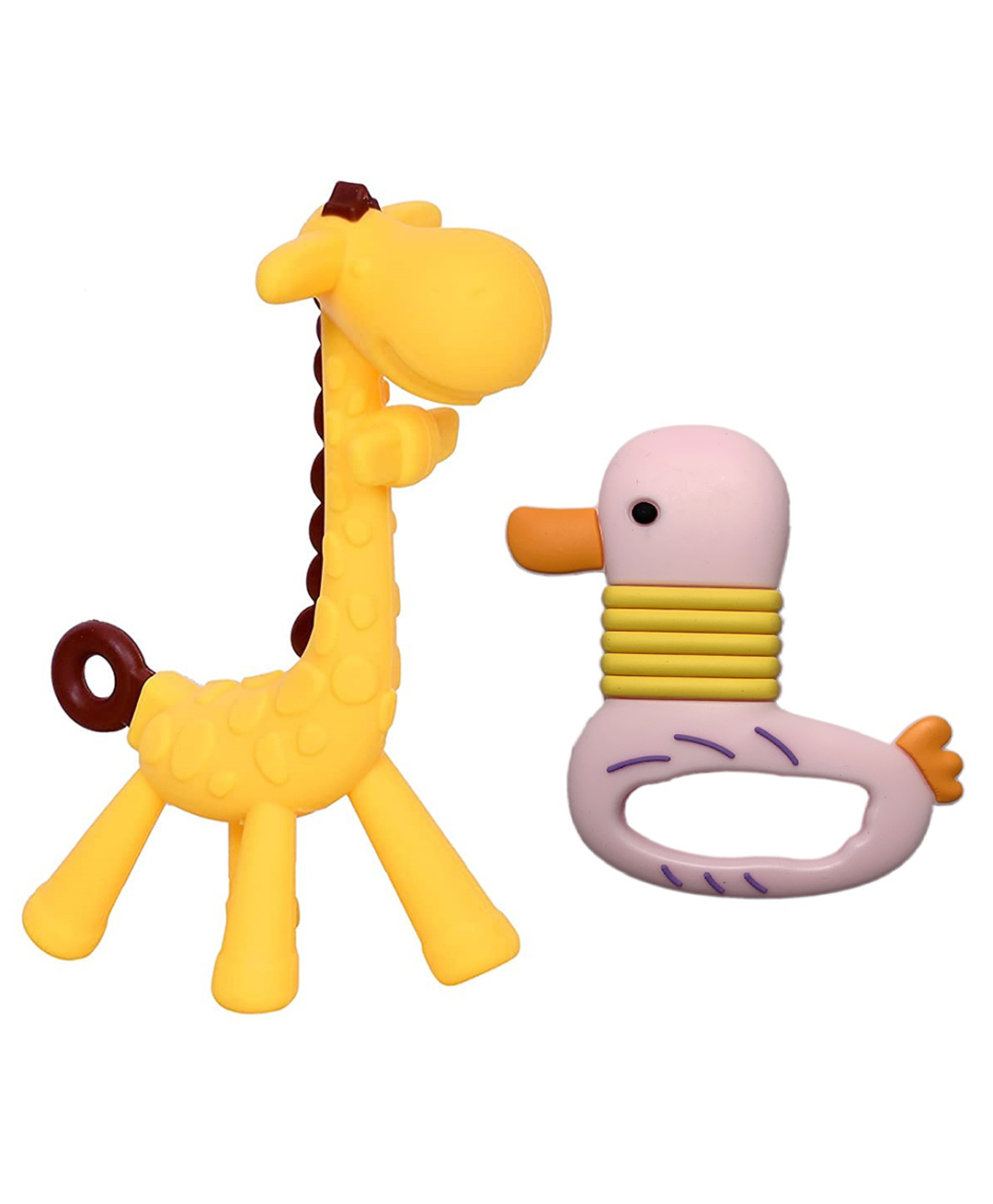 Joy Buzz Baby Silicone Giraffe & Duck Shape Teether Pack Of 2 - Yellow & Pink-picture-13