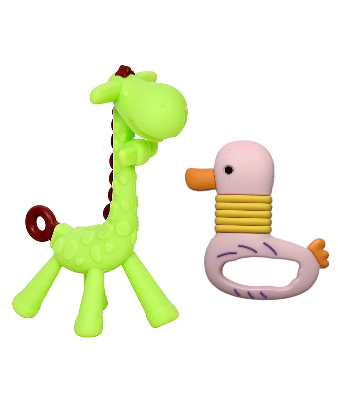 Joy Buzz Baby Silicone Giraffe & Duck Shape Teether Pack Of 2 - Green & Pink-picture-12