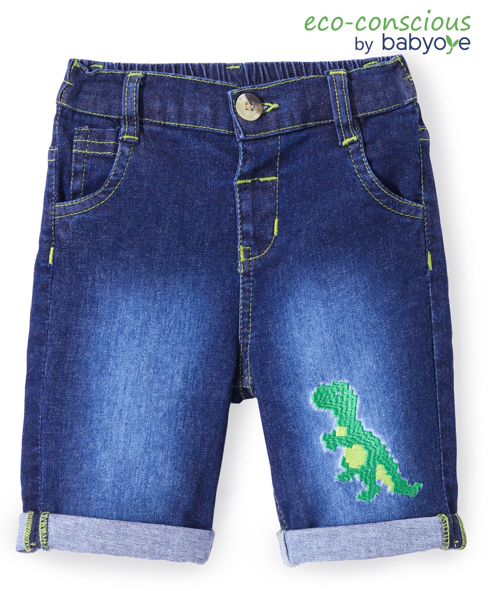 Babyoye Denim Woven Shorts with Dino Embroidered - Blue-image-46
