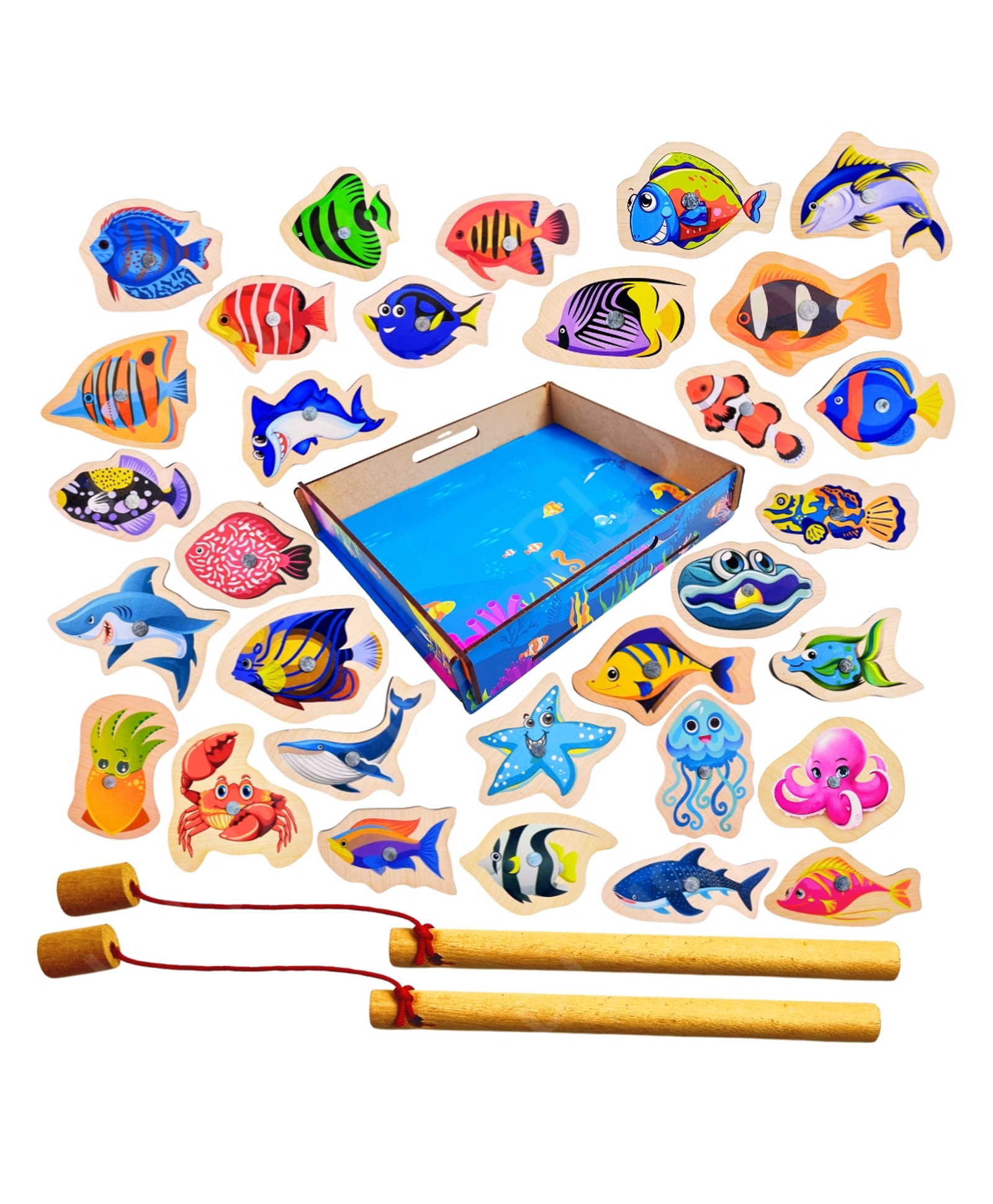 PLUSPOINT Wooden Fishing Magnetic Toy Set Fishing Game 30 Piece Fishes 2 Sticks 1 Tray Wooden Magnetic Fishing Travel Table Toy Christmas Birthday Gift (Fish Game)-picture-11