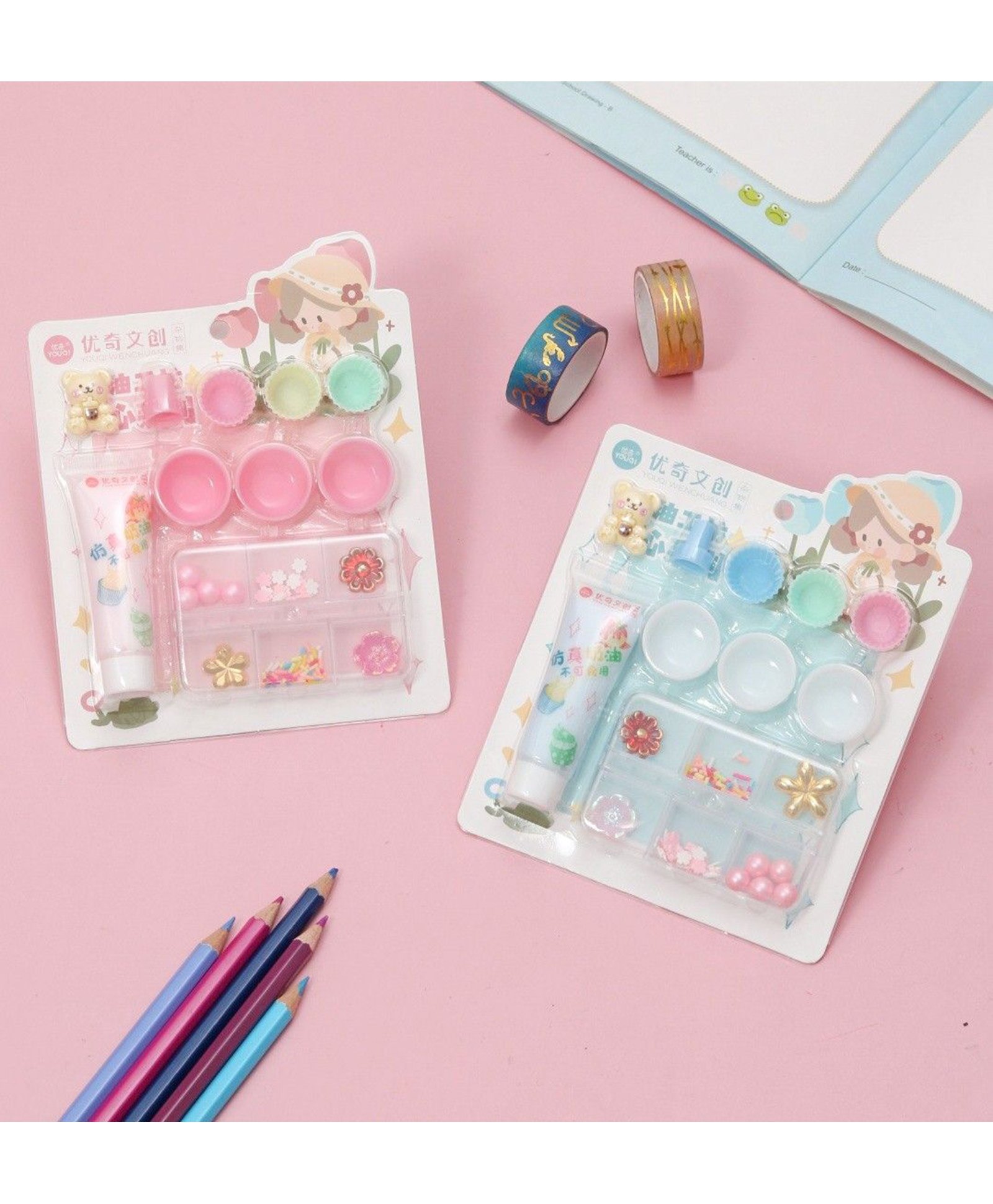 Yellow Bee Cup cakes Themed DIY Resin Craft Kits with Beads and Sequins, 2 Sets, Blue & Pink-picture-11