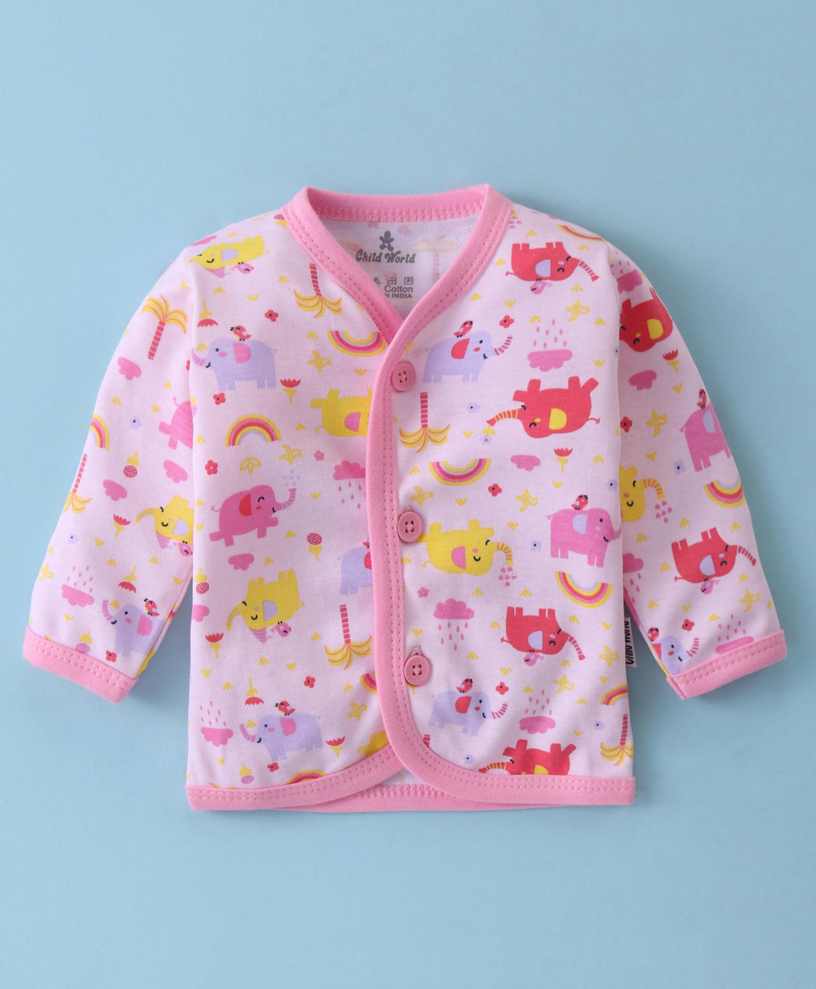 Child World Interlock  Full Sleeves Front Open Jhabla Elephant Print - Pink-picture-32