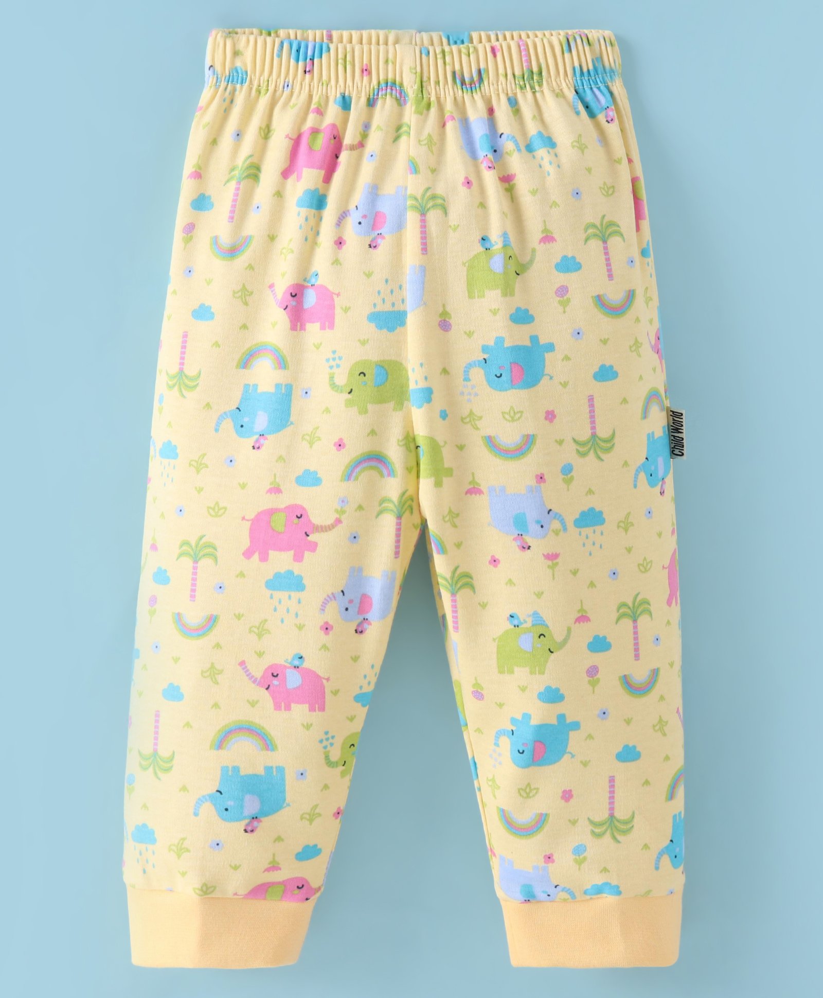 Child World Interlock Knit Full Length Lounge Pants With Elephant Print -Golden-picture-4