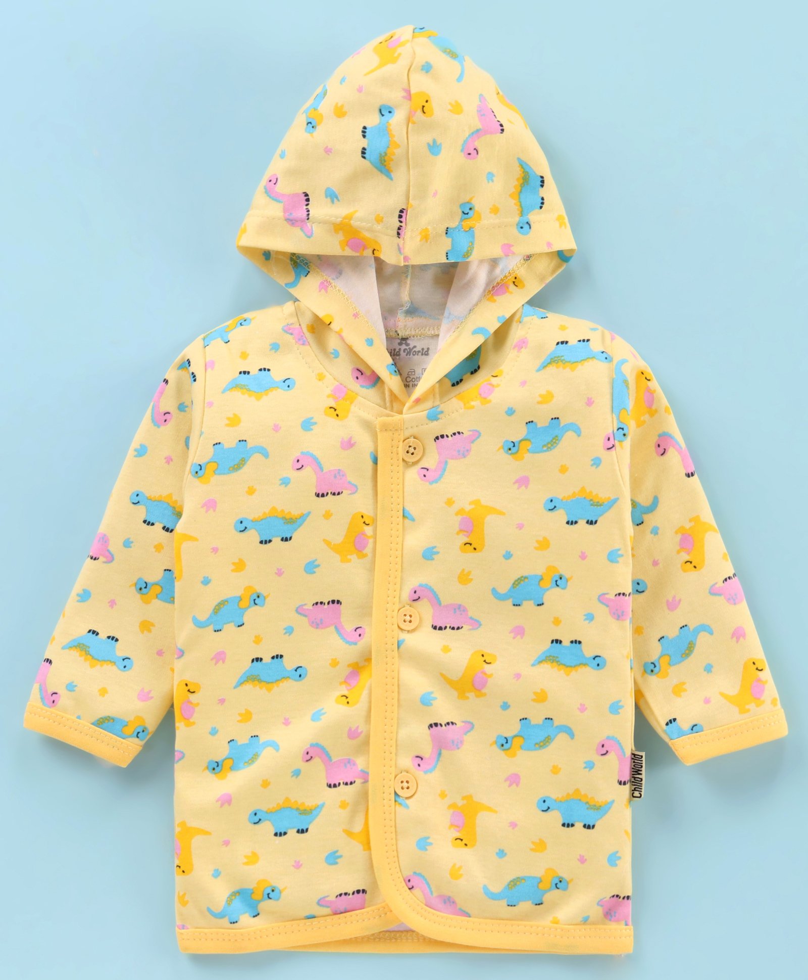 Child World Interlock Knit Full Sleeves Hooded Front Open Vest Dino Print - Light Yellow-image-49
