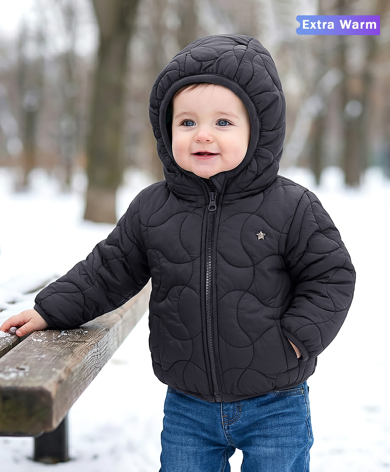 Babyoye Full Sleeves Front Open Padded Hooded Jacket with Quilted Design - Black-image-24