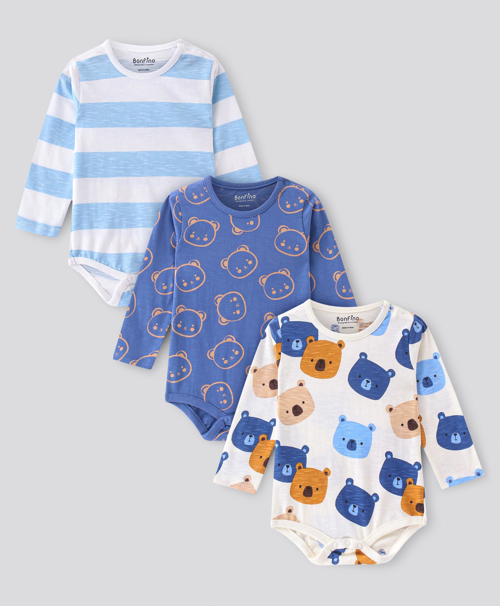 Bonfino 100% Cotton Knit Full Sleeves Striped & Bear Printed Onesies Pack Of 3 - Navy Blue & White-picture-28