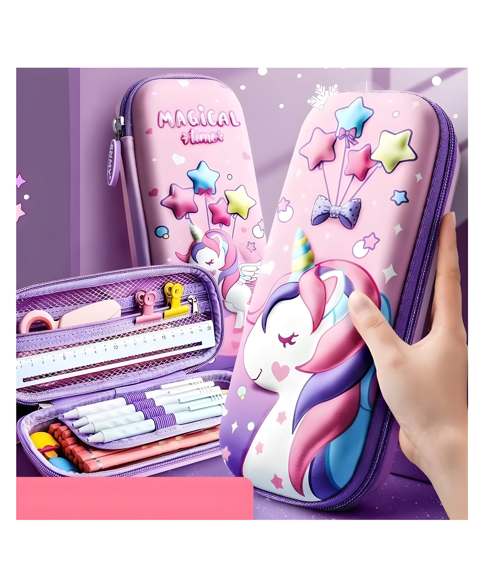 flaze AKN TOYS Magical Time Unicorn 3D Premium Design Multi-function Pencil Pouch With Stylish Zipper Closure Pouch Waterproof Hardtop Fabric Adorable Student Stationery Handheld Storage Case Bag EVA Material Pencil Box Pouch Multicolor-picture-16