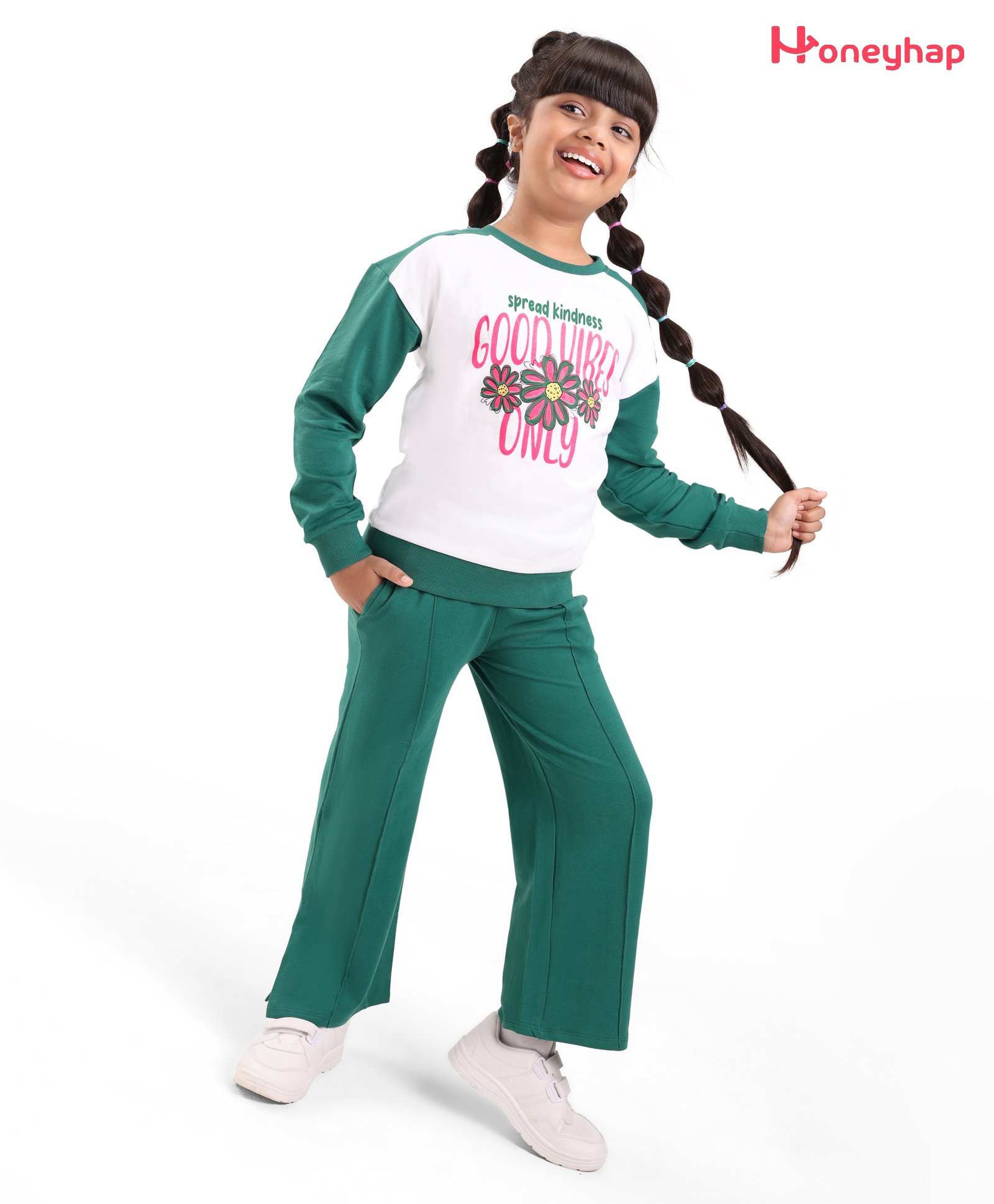 Honeyhap Premium 100% Cotton Knit Full Sleeves T-Shirt & Lounge Pants Set With Text & Floral Print Bio Finish - White & Green-image-25