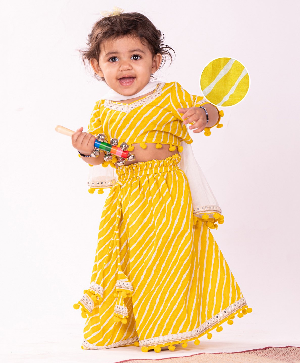 Vastramay Cotton Half Sleeves  Leheriya Printed Lehenga Choli With Dupatta Set - Yellow-picture-13