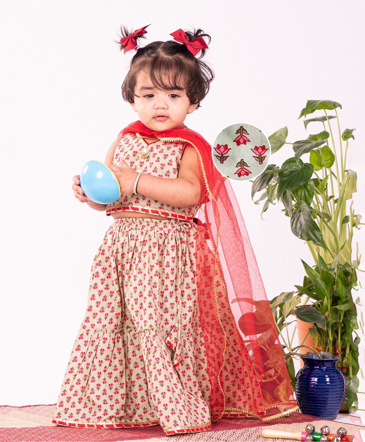 Vastramay Cotton Sleeveless  Floral Printed Lehenga Choli With Dupatta Set - Mint Green-image-42
