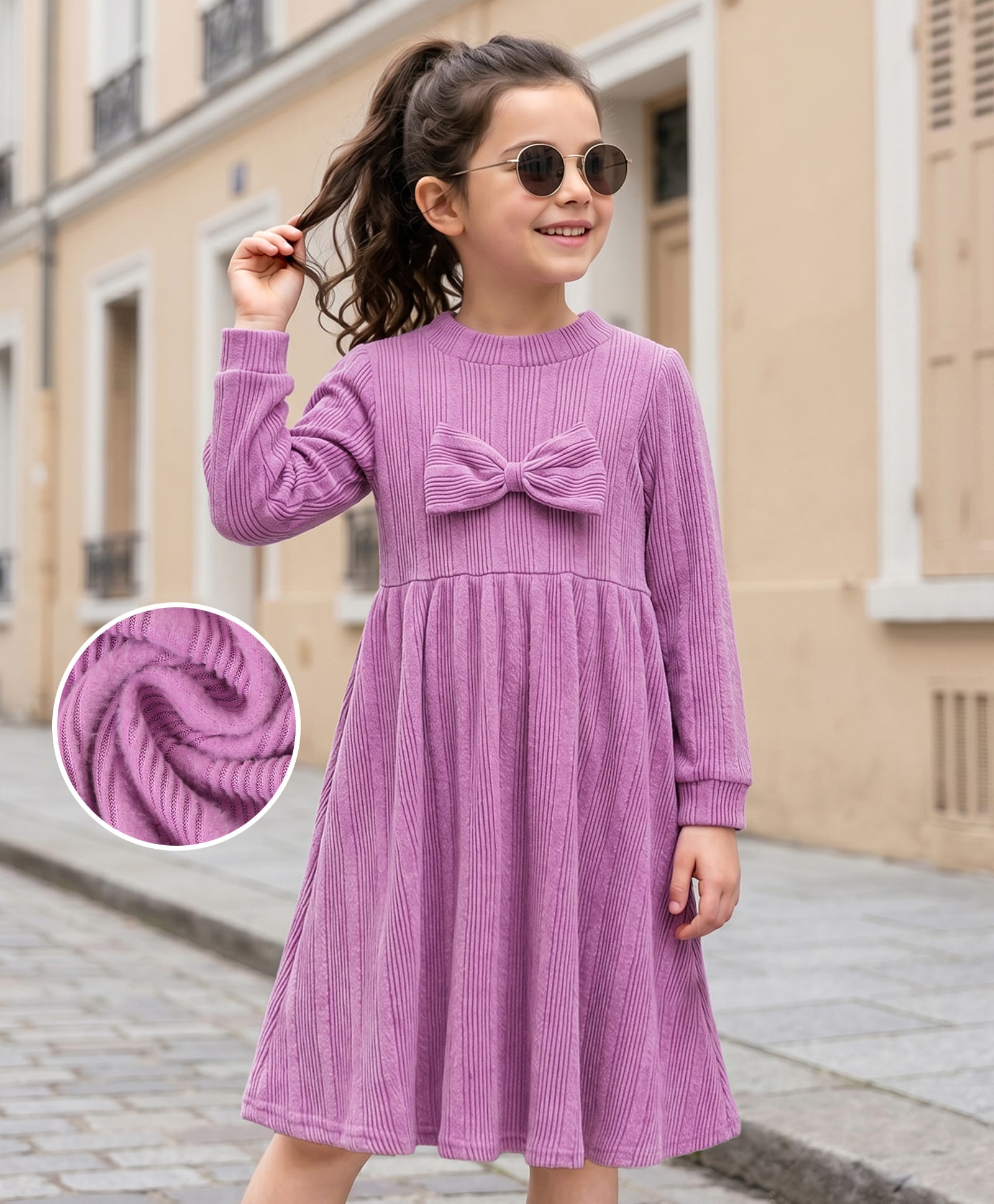 Kookie Kids Full Sleeves Frock with Bow Applique & Striped Design - Lilac-image-18