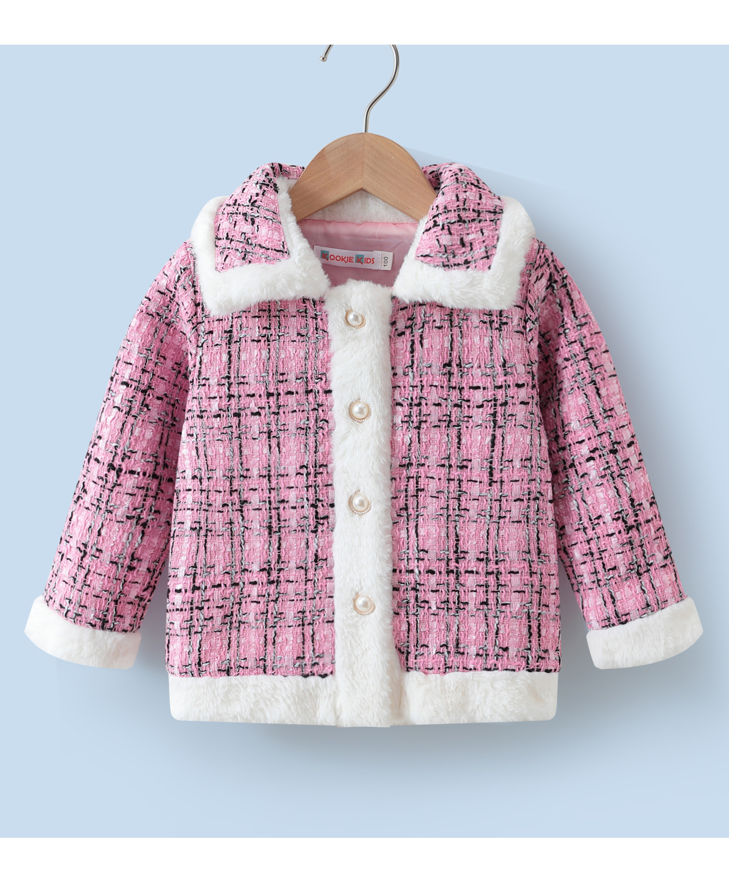 Kookie Kids Full Sleeves Collared Neck Winter Jacket With Checks Design & Pearl Detailing - Pink-image-41