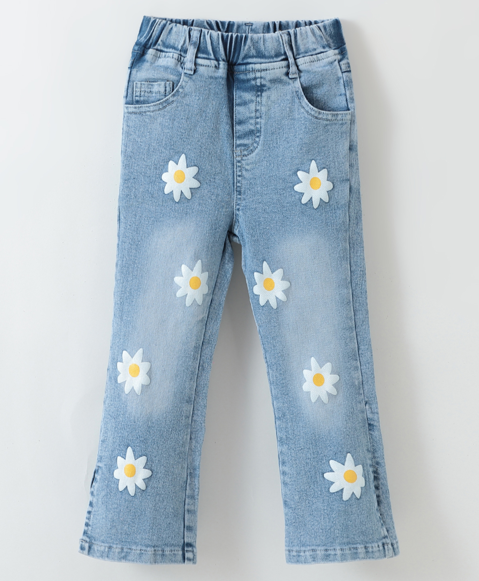 Kookie Kids Full Length Denim Washed Jeans with Floral Print - Blue-picture-21