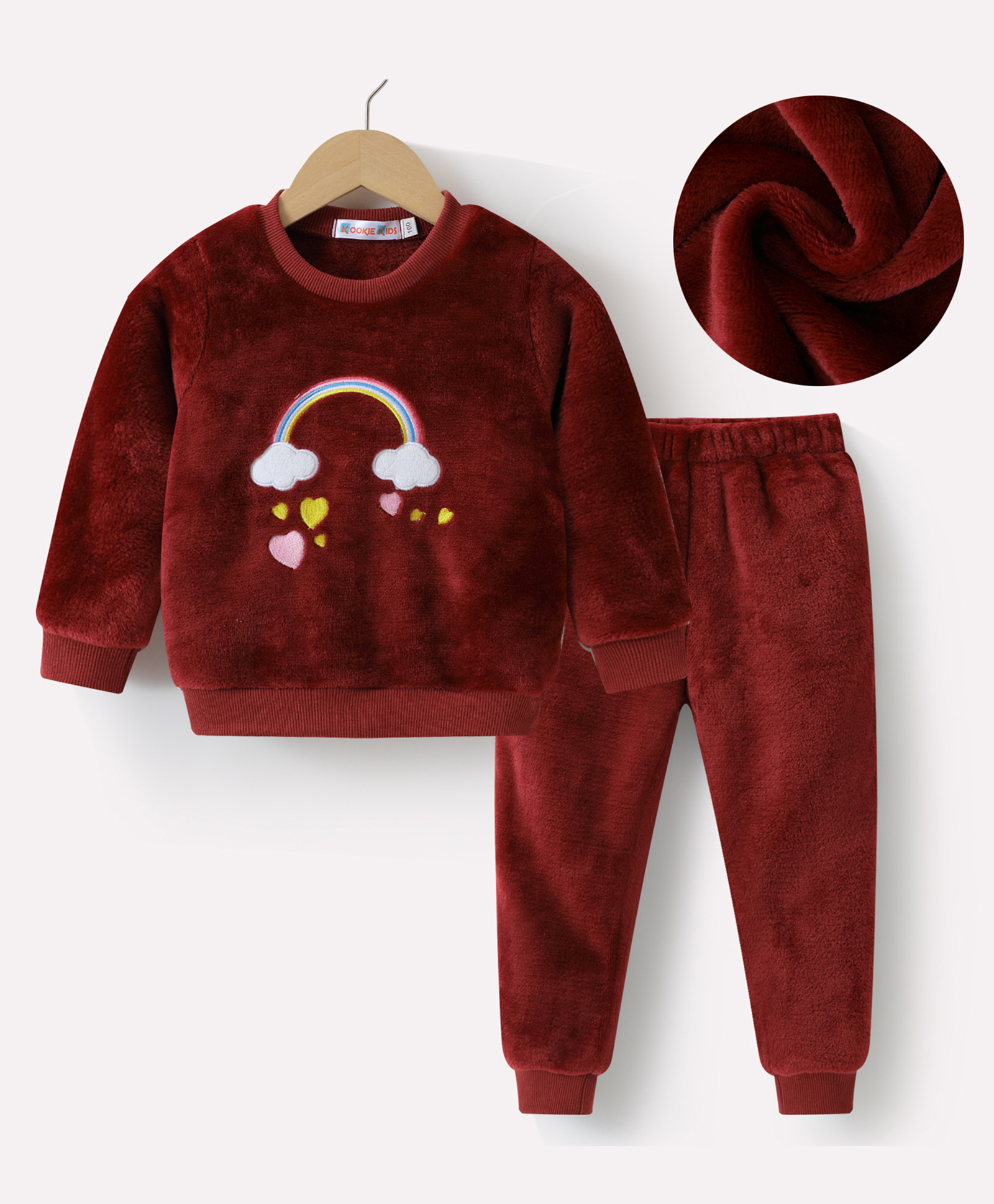 Kookie Kids Full Sleeves Winter Wear T-Shirt & Pant Set with Rainbow Embroidery - Maroon-image-32