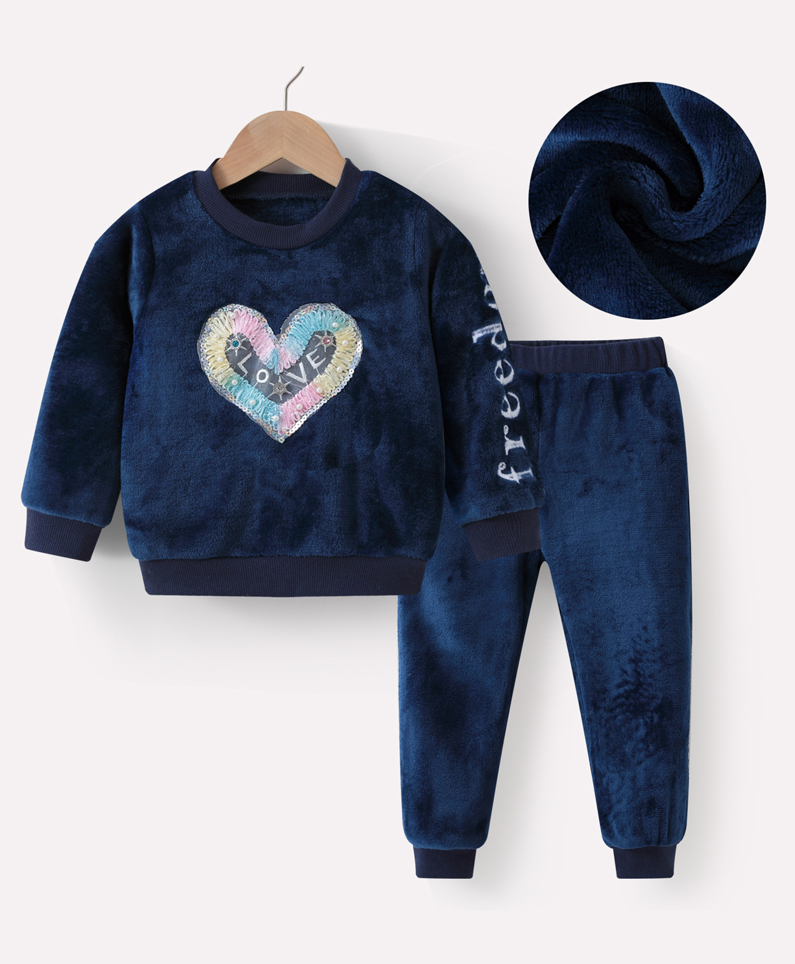 Kookie Kids Full Sleeves Winter Wear T-Shirt & Pant Set with Heart & Text Embroidery - Navy Blue-image-42