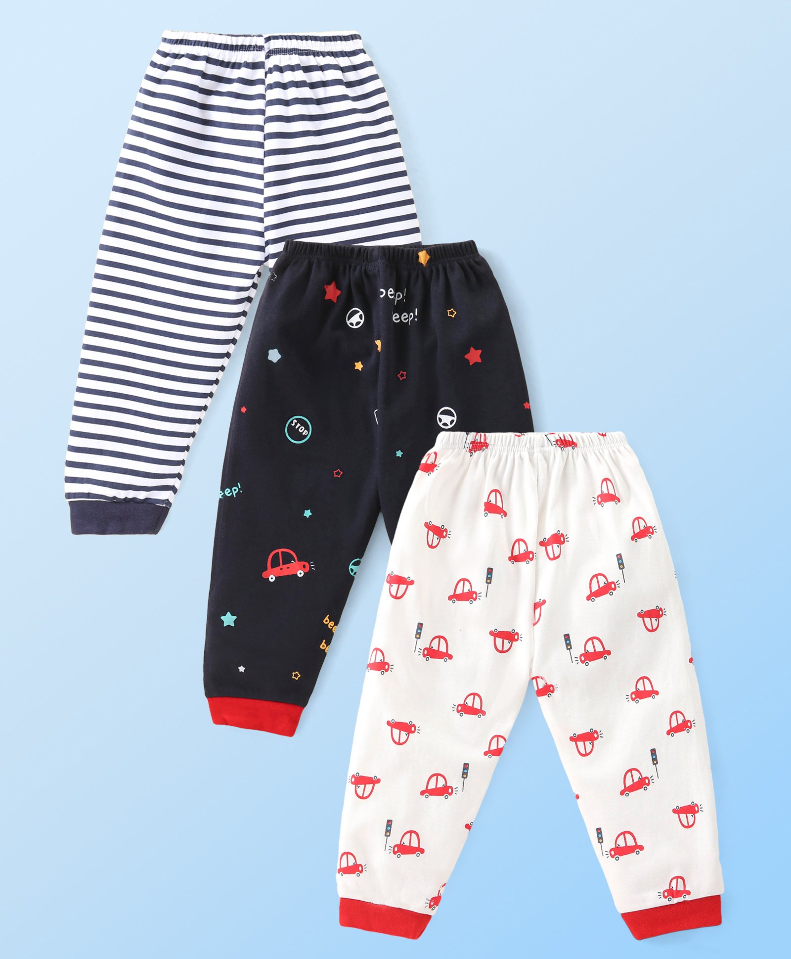 Mini Donuts 100% Cotton Interlock Knit Full Length Striped Lounge Pants with Vehicle Print Pack of 3 - Multicolour-picture-12