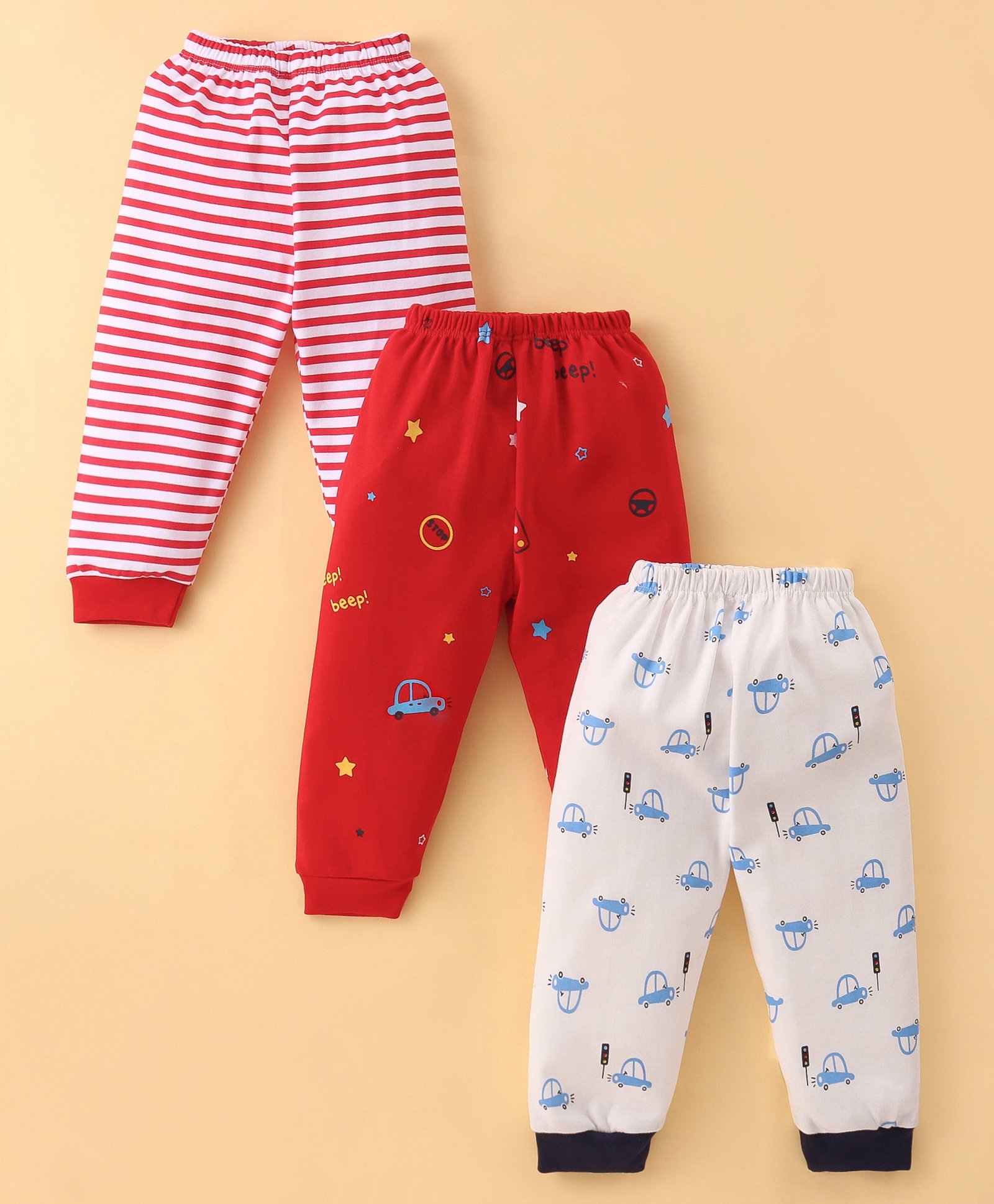 Mini Donuts 100% Cotton Interlock Knit Full Length Striped Lounge Pants Vehicle Print Pack of 3 - Multicolour-picture-20