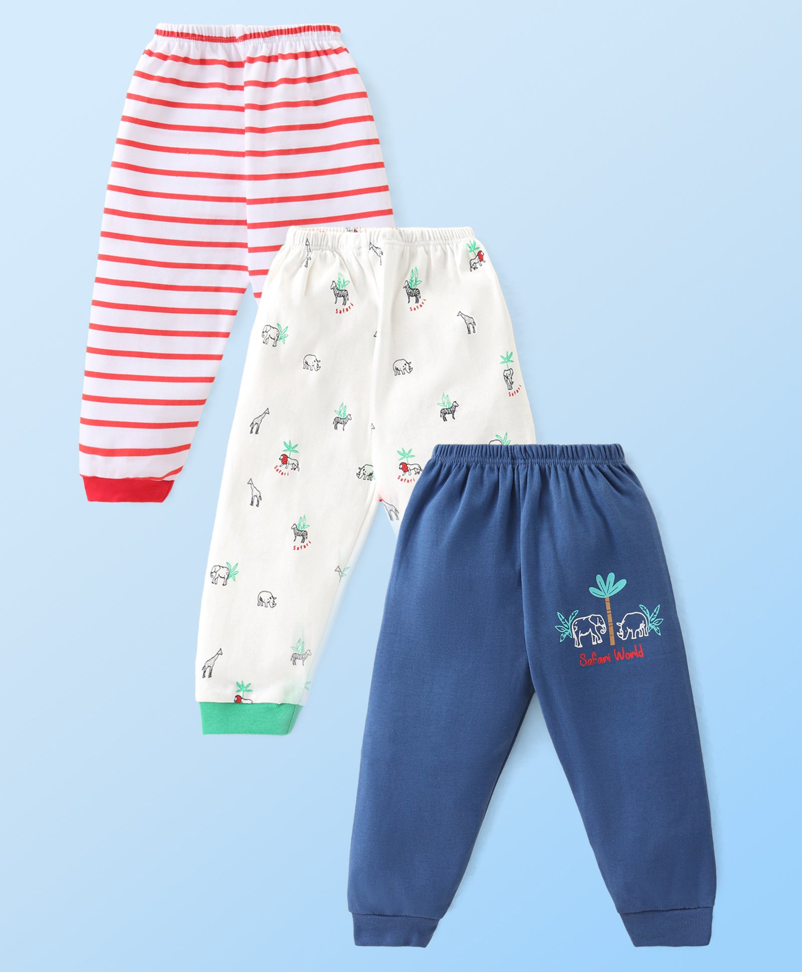 Mini Donuts 100% Cotton Interlock Knit Full Length Striped Lounge Pants with Animal Print Pack of 3 - Multicolour-image-24