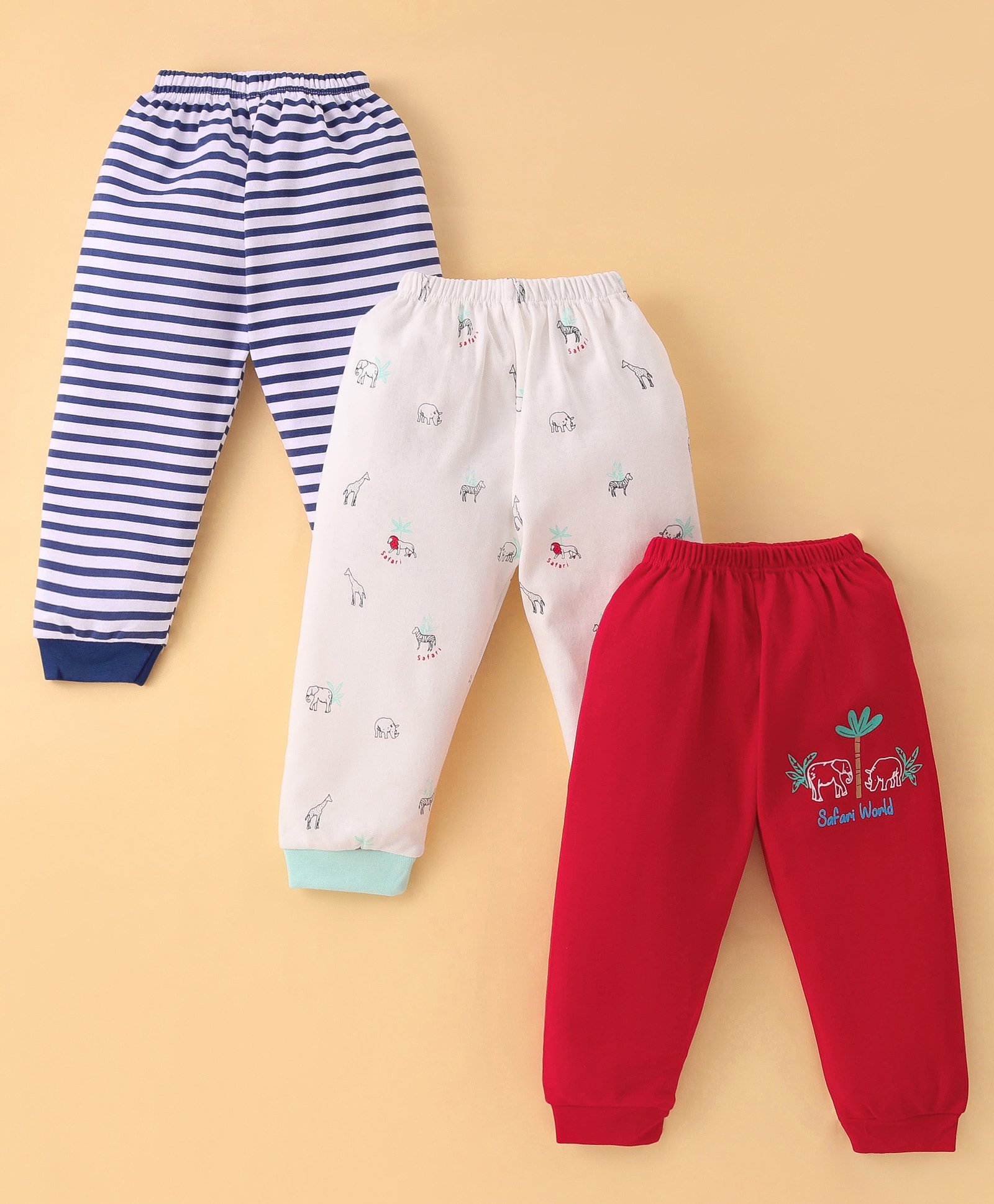 Mini Donuts 100% Cotton Interlock Knit Full Length Striped Lounge Pants with Animal Print Pack of 3 - Multicolour-picture-11